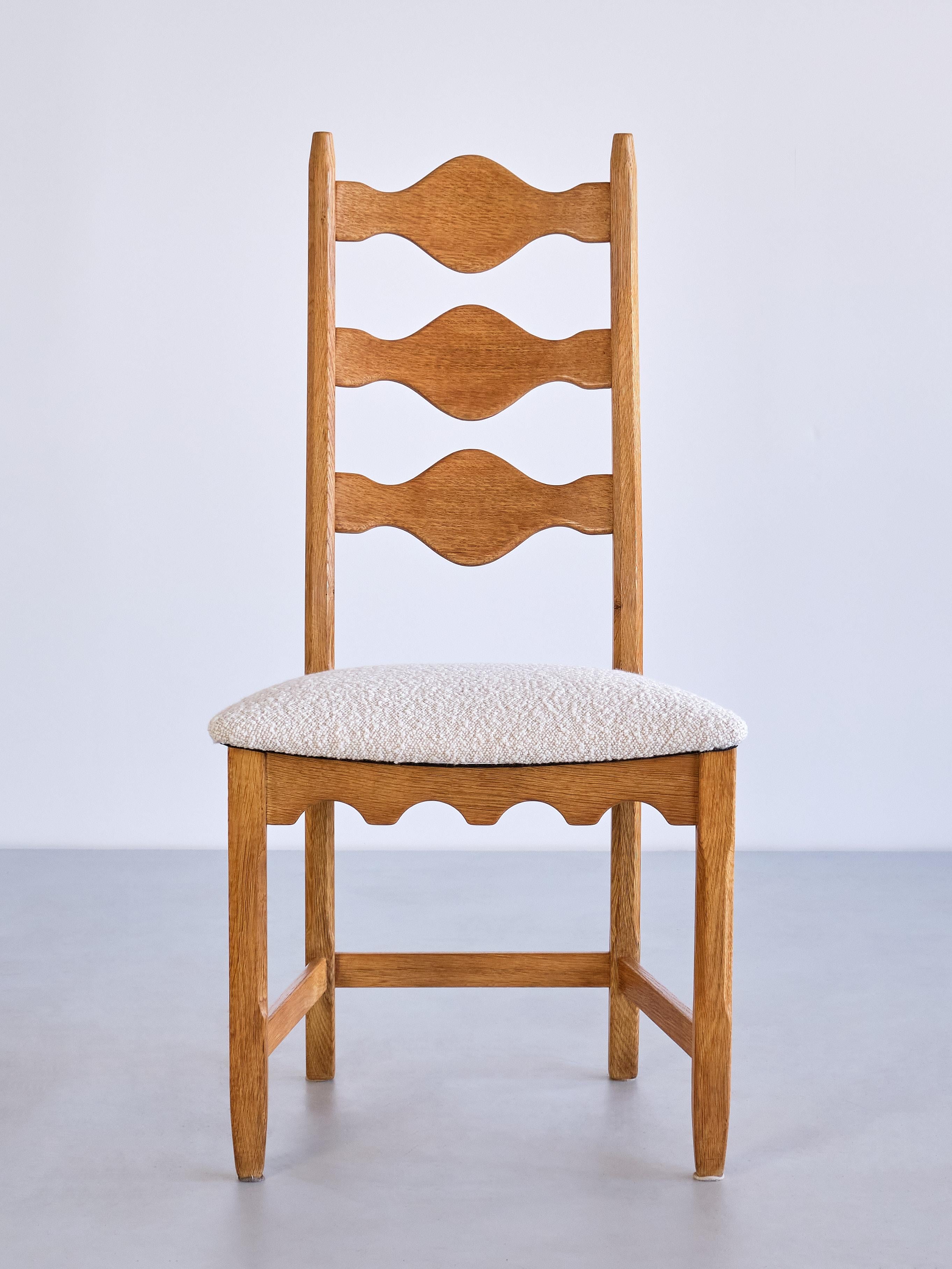 Fabric Set of 12 Henning Kjærnulf Dining Chairs, Oak and Ivory Bouclé, Denmark, 1960s