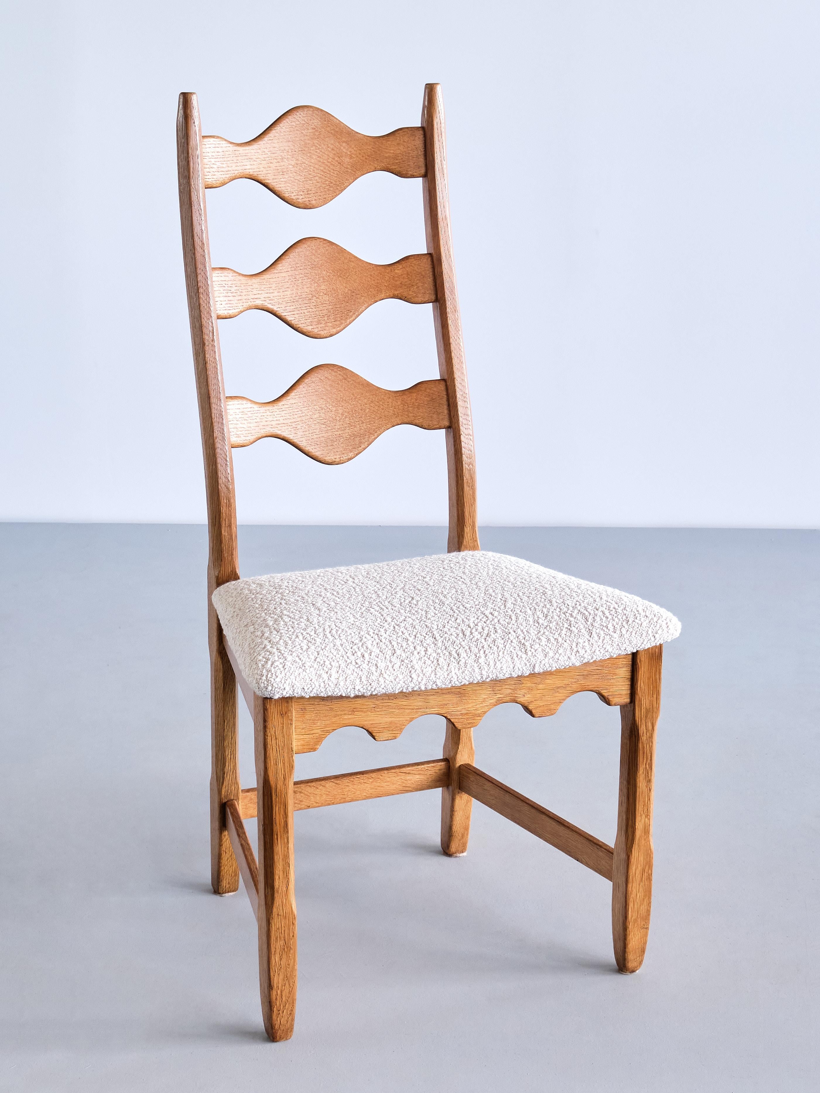 Set of 12 Henning Kjærnulf Dining Chairs, Oak and Ivory Bouclé, Denmark, 1960s 1