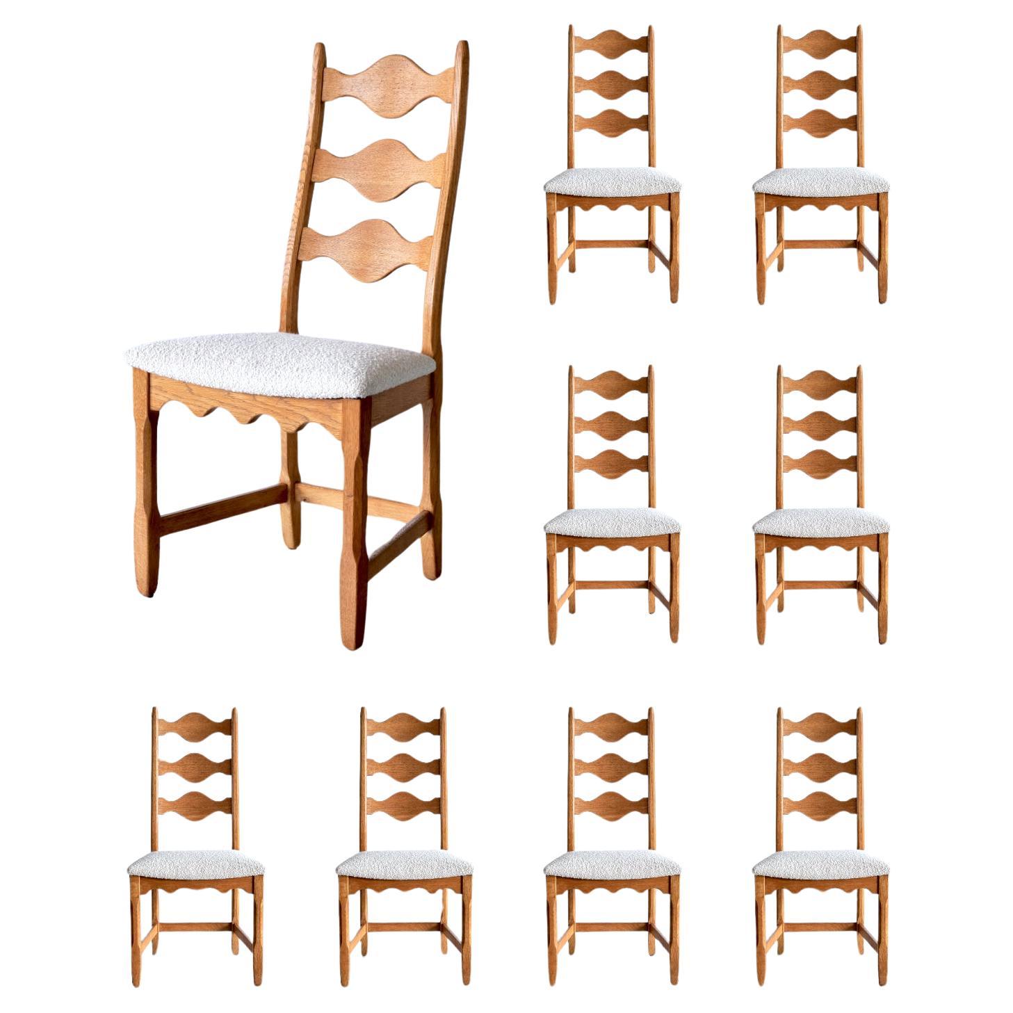 Set of 12 Henning Kjærnulf Dining Chairs, Oak and Ivory Bouclé, Denmark, 1960s