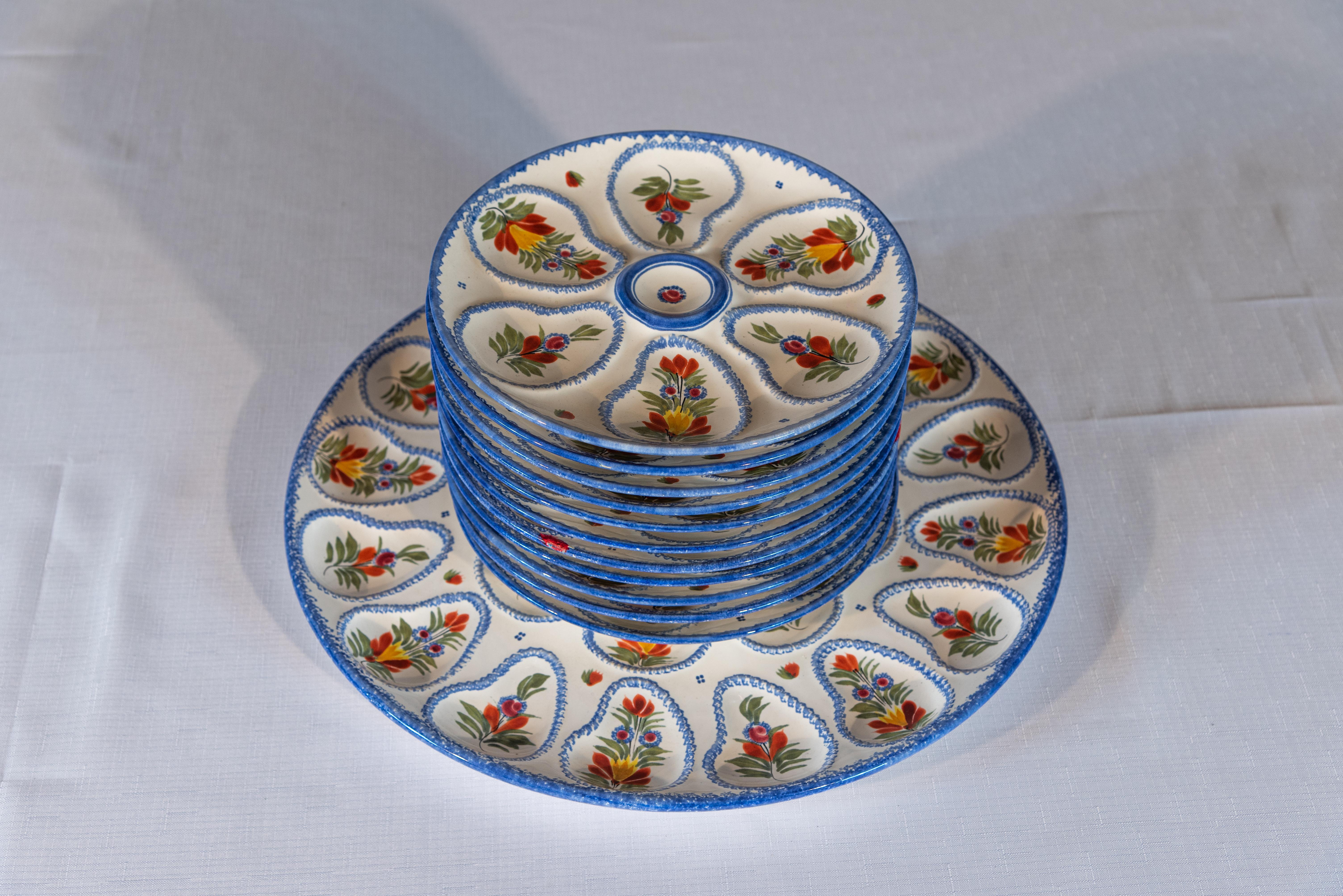 French Set of 12 Henriot Quimper Oyster Plates For Sale