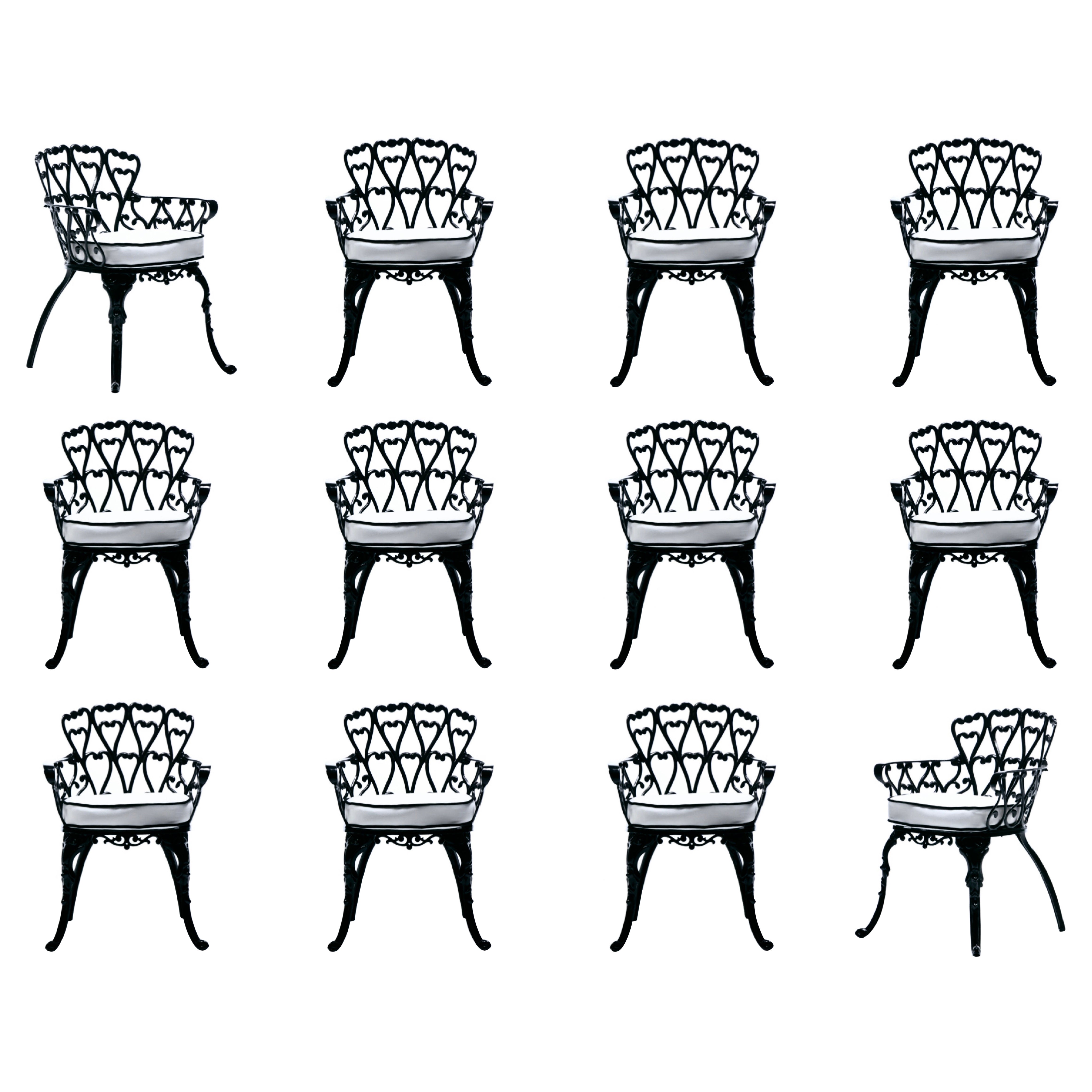 Set of 12 Hollywood Regency Neo Baroque Black Patio Dining Arm Chairs c. 1960