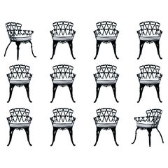 Set of 12 Hollywood Regency Neo Baroque Black Patio Dining Arm Chairs c. 1960