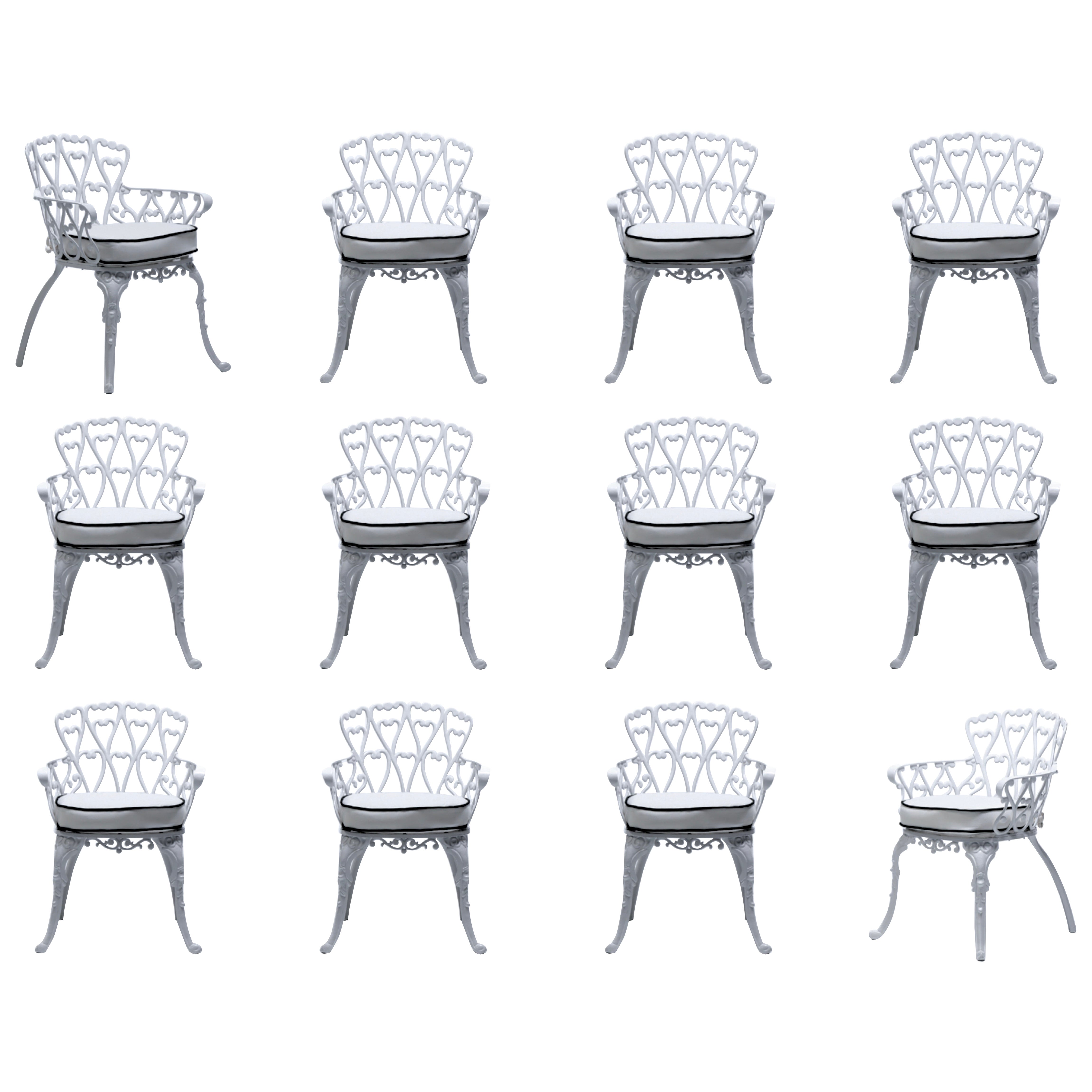 Set of 12 Hollywood Regency Neo Baroque White Patio Dining Arm Chairs c. 1960