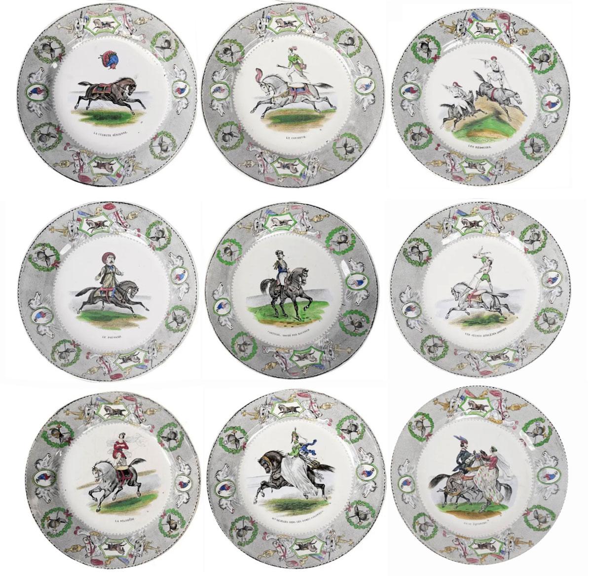 12 assiettes in white earthenware decorated with colored Horse Show scenes represeting eventing horses with costumed riders, such as Clows, Athletes or Bedouins doing performances. Horses are designed in the very 19th century style, accordingly to