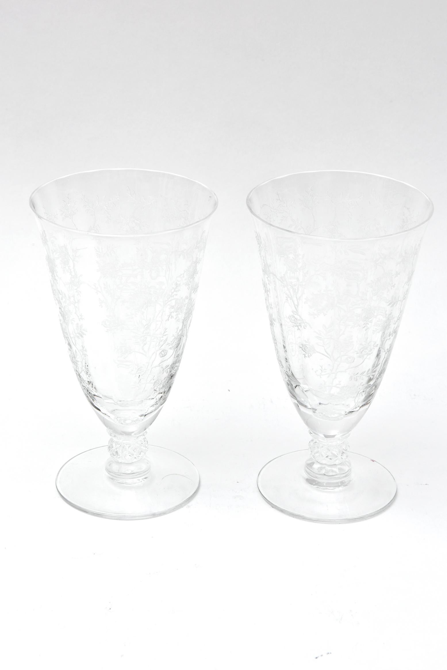 A great set of American crystal with nice etched floral detail to the bowls of the goblet and a very pretty knob jewel stem. Crisp clear glass and nice proportions. Perfect to mix and match in with all your Fine tabletop. Please see our other