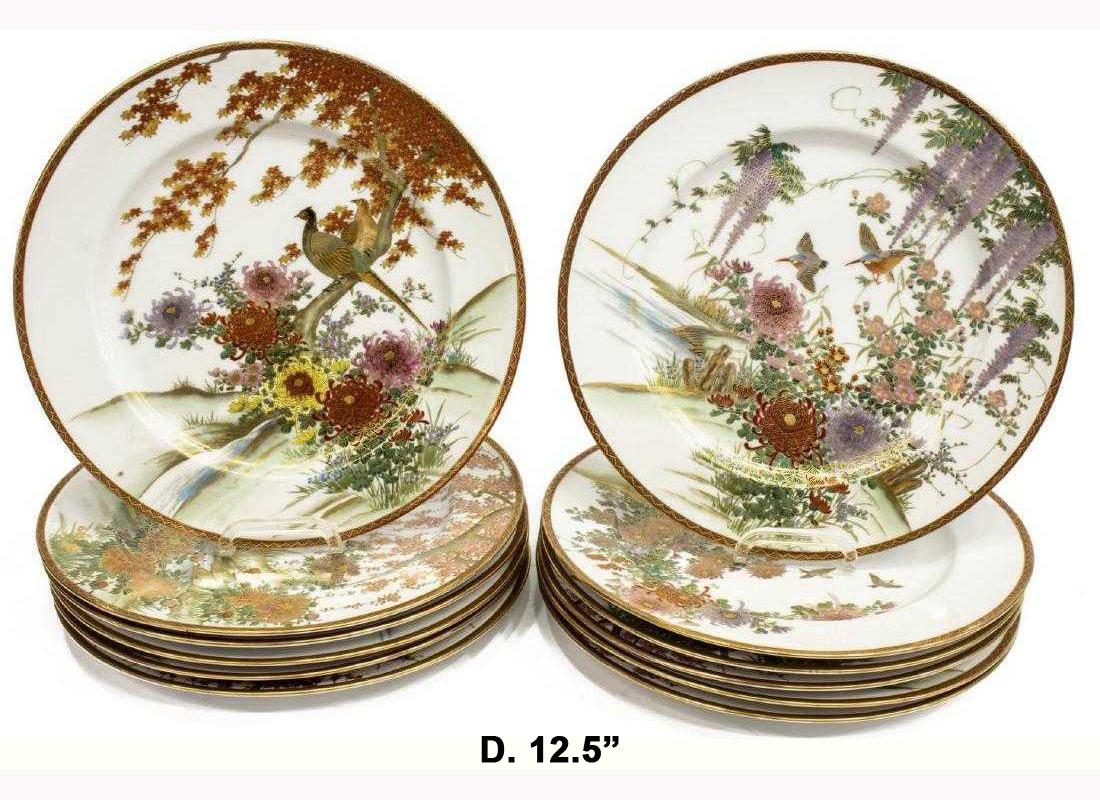 Large complete set of 12 Japanese Satsuma style dining plates. Each depicting a still-life landscape scene with polychrome and gilt decoration. Each plate is unique and distinctive from the others. 
Signed with character underside. 


 