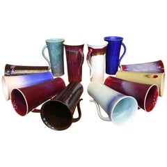 Set of 12 Japanese Tall Hand-Glazed Porcelain Mugs by Contemporary Master Artist