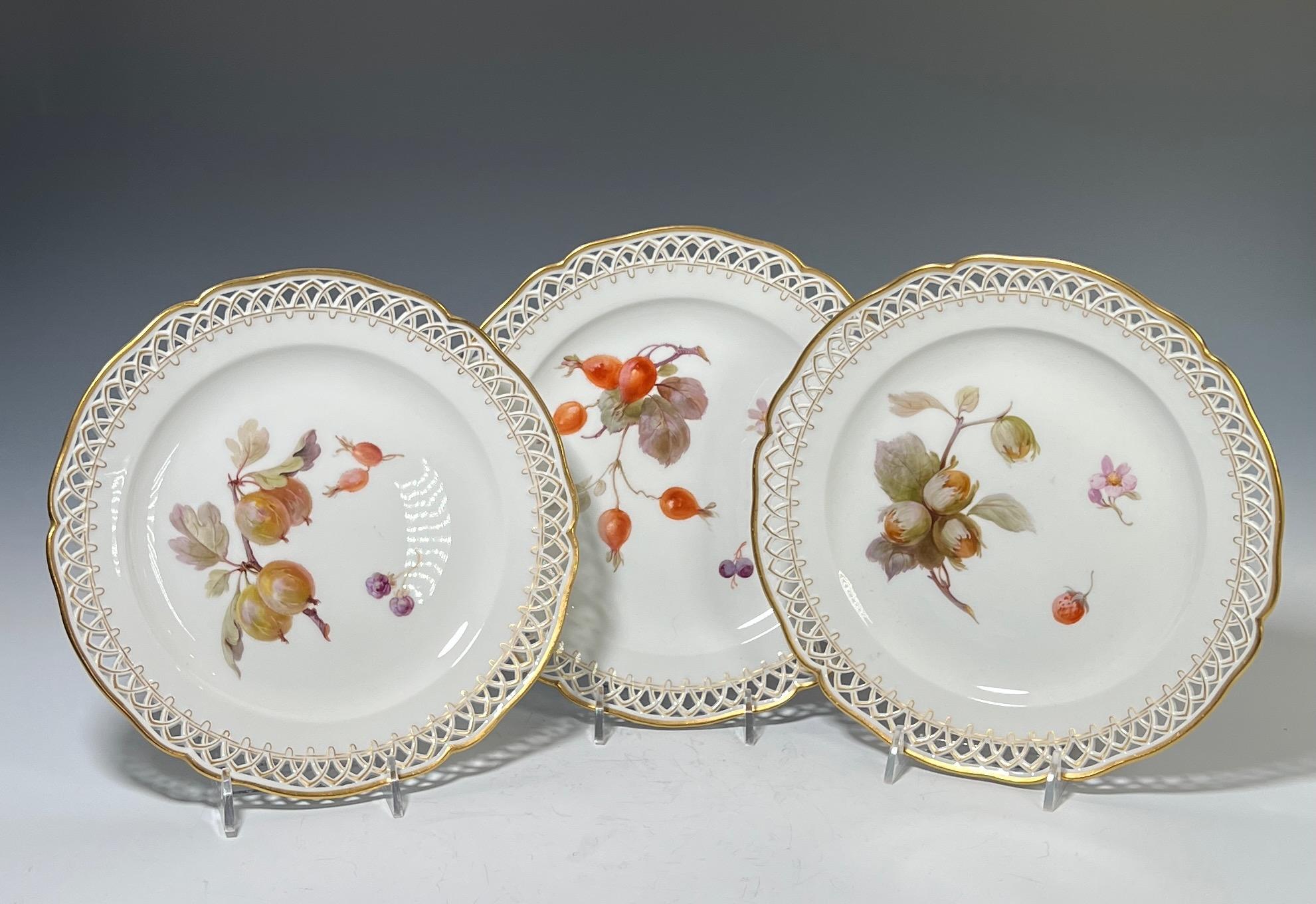 This set of KPM porcelain dessert plates are exceptional as they feature interesting and more unusual fruit subjects. The plates have the name of the fruit subject painted on the reverse to keep you from guessing! Gooseberries, black raspberries,