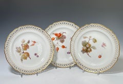 Set of 12 KPM Dessert Plates with Hand Painted Fruit Pierced & Gilt Borders