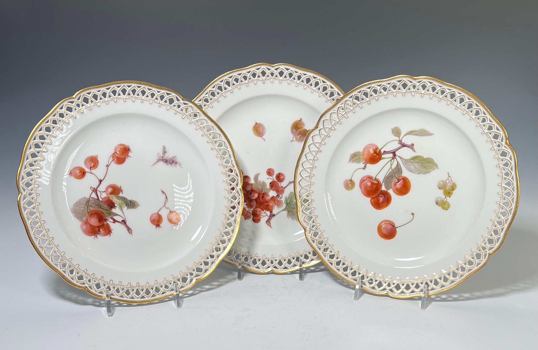 German Set of 12 KPM Dessert Plates with Hand Painted Fruit Pierced & Gilt Borders For Sale