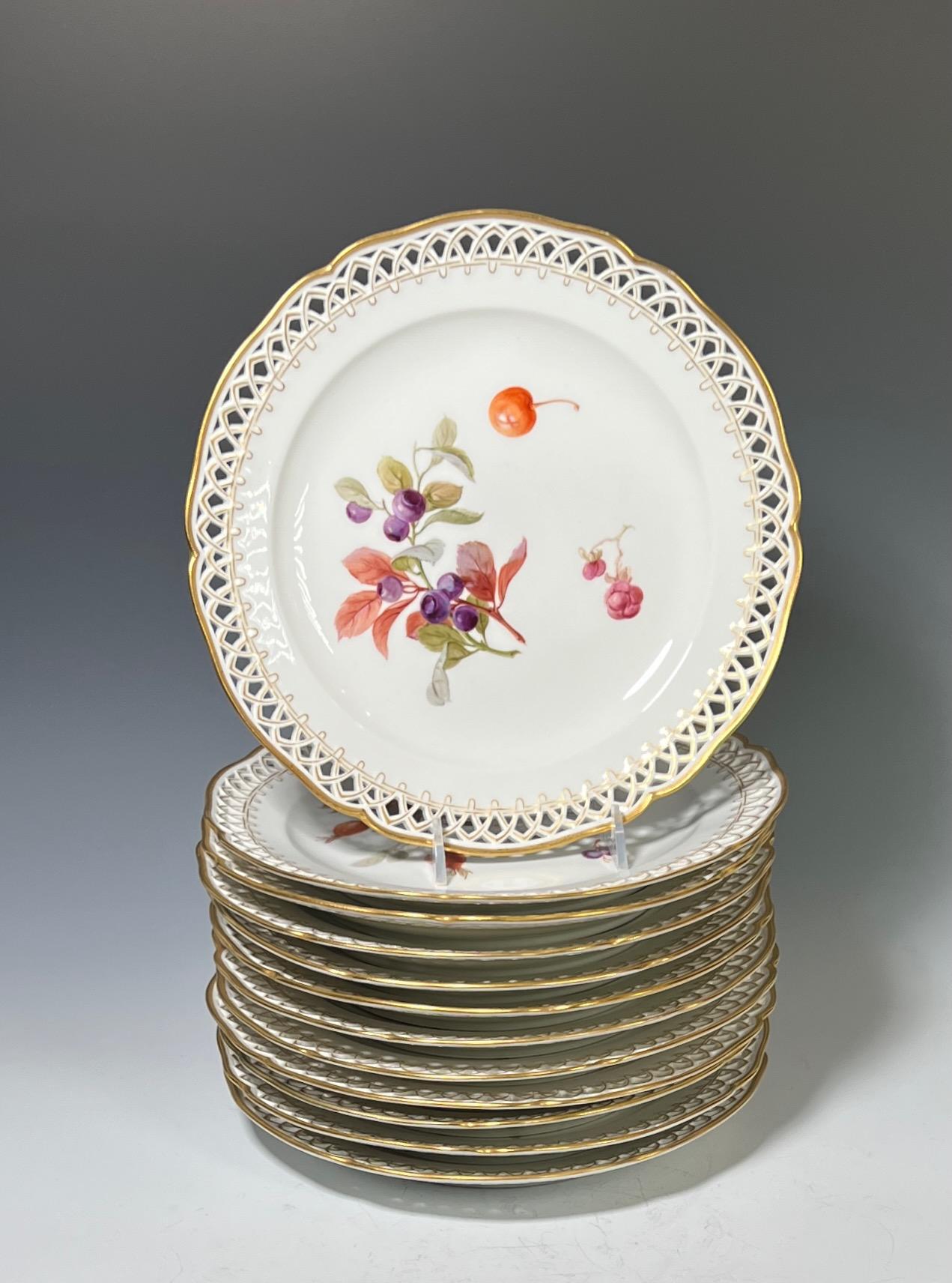 Early 20th Century Set of 12 KPM Dessert Plates with Hand Painted Fruit Pierced & Gilt Borders For Sale