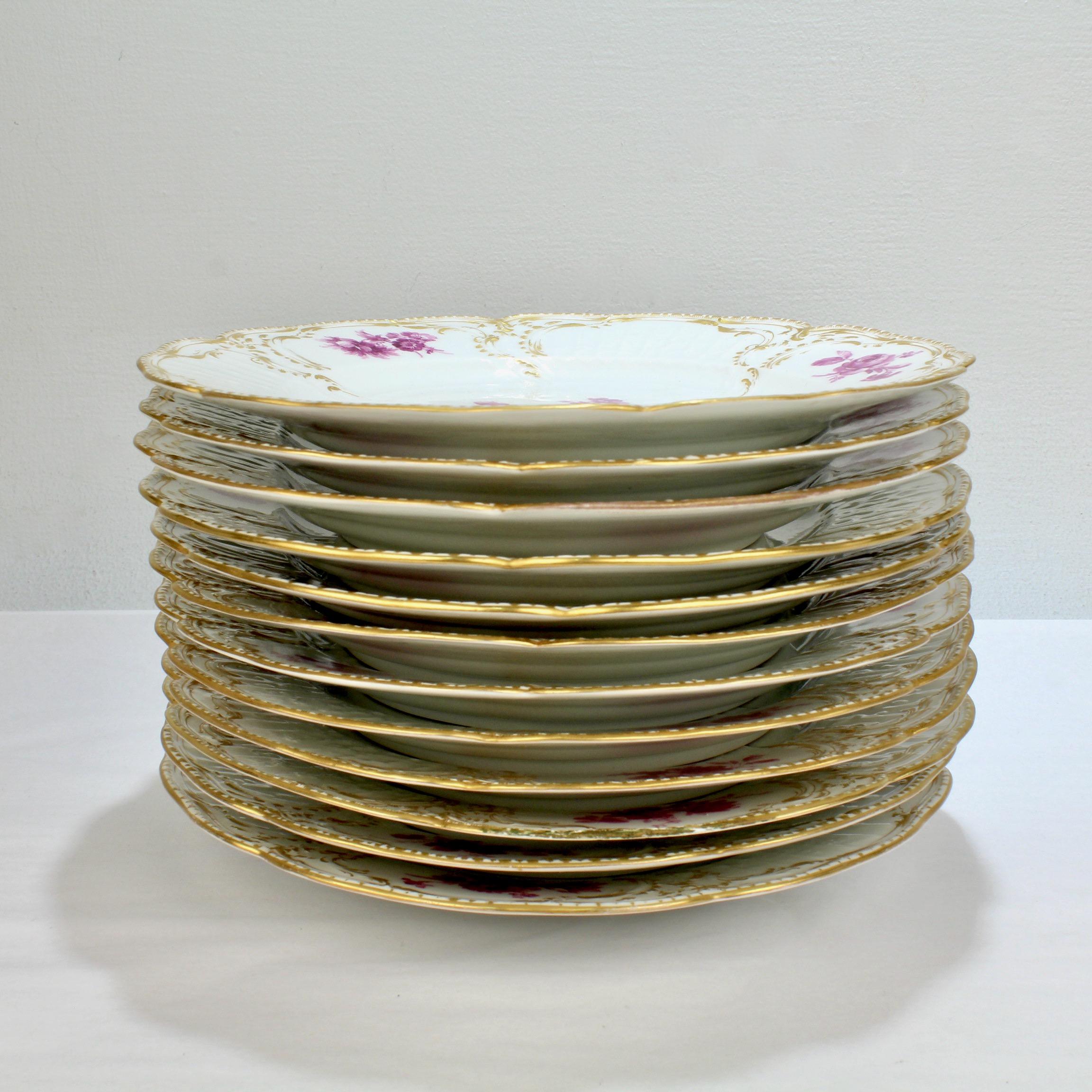 Art Nouveau Set of 12 KPM Royal Berlin Porcelain Reliefzierat Dinner Plates in Puce