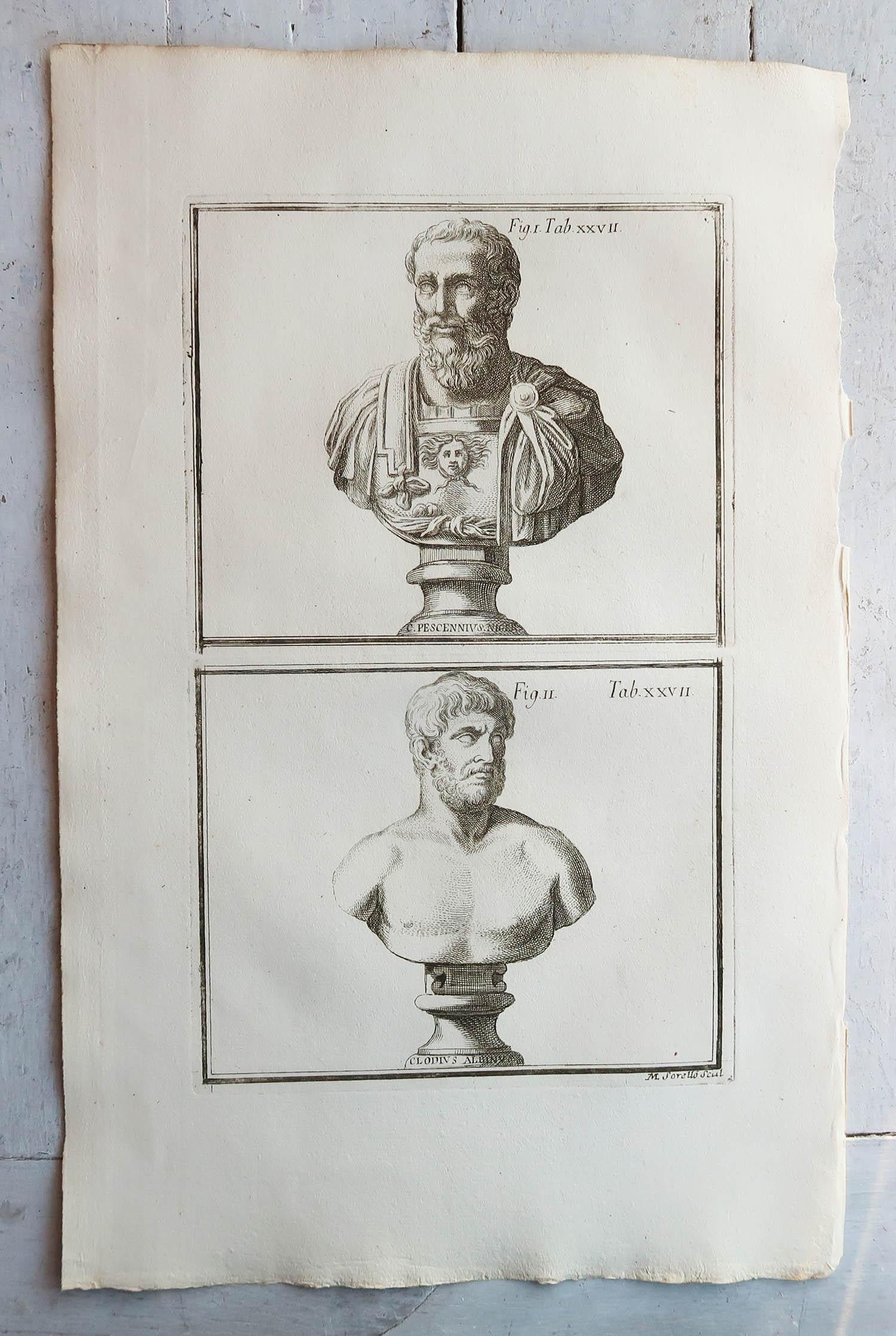Wonderful set of 12 Grand Tour Prints.

Classical Roman busts

Copper-plate engravings

Published by Monaldini, Rome, 1776

Good quality wove paper

Free shipping





 