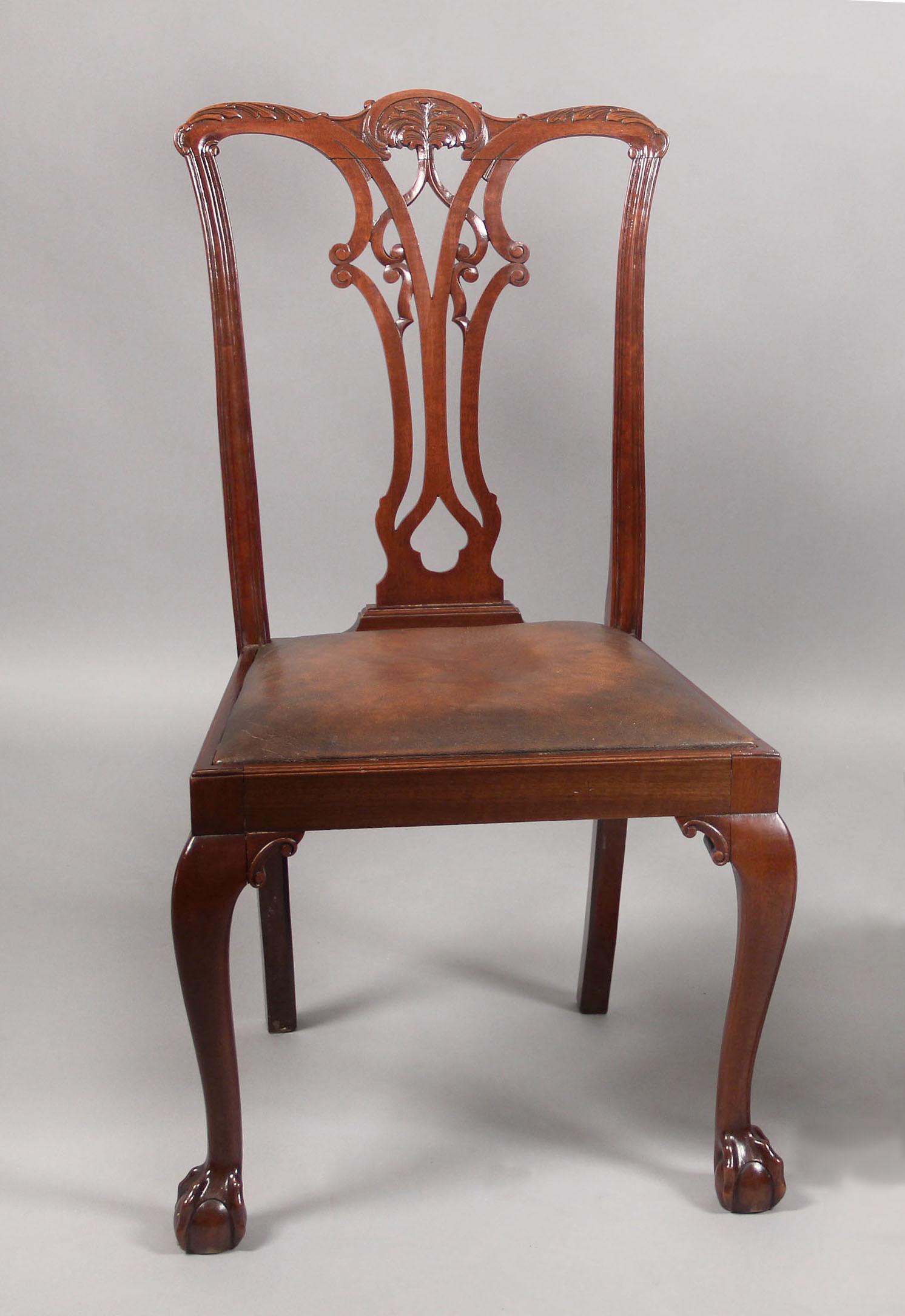 A set of 12 late 19th / early 20th century Chippendale style dining chairs.

Comprising of two-arm and ten side chairs.

Armchairs:
Height 39 inches / 99cm.
Width 24 inches / 61cm.
Depth 19 inches / 48cm.

Side chairs:
Height 38 inches /