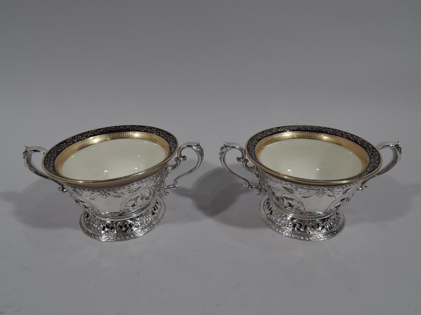 Set of 12 Lenox Bouillon Bowls in Gorham Sterling Silver Holders (Edwardian)