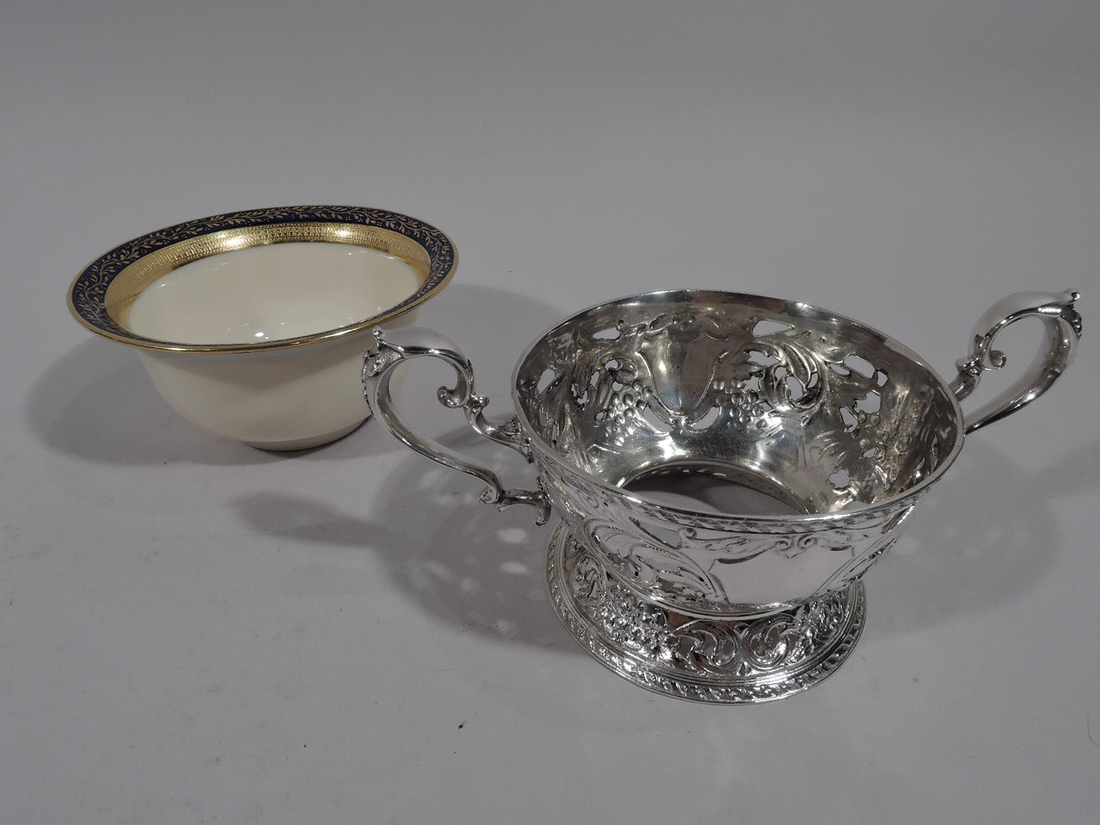 Edwardian Set of 12 Lenox Bouillon Bowls in Gorham Sterling Silver Holders