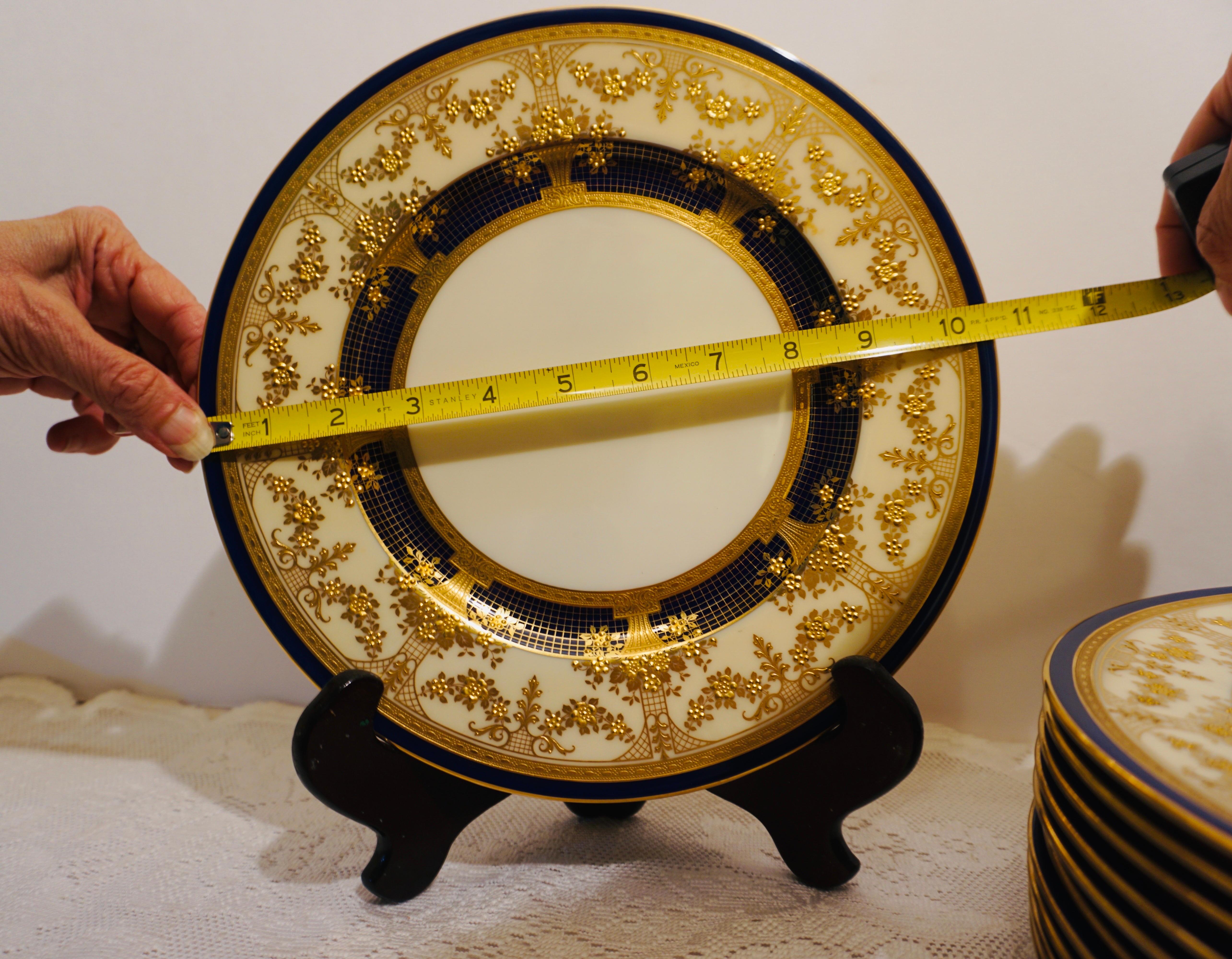 Rococo Set of 12 Lenox Dinner Plates Decorated with Profuse Raised Gilding of Flowers
