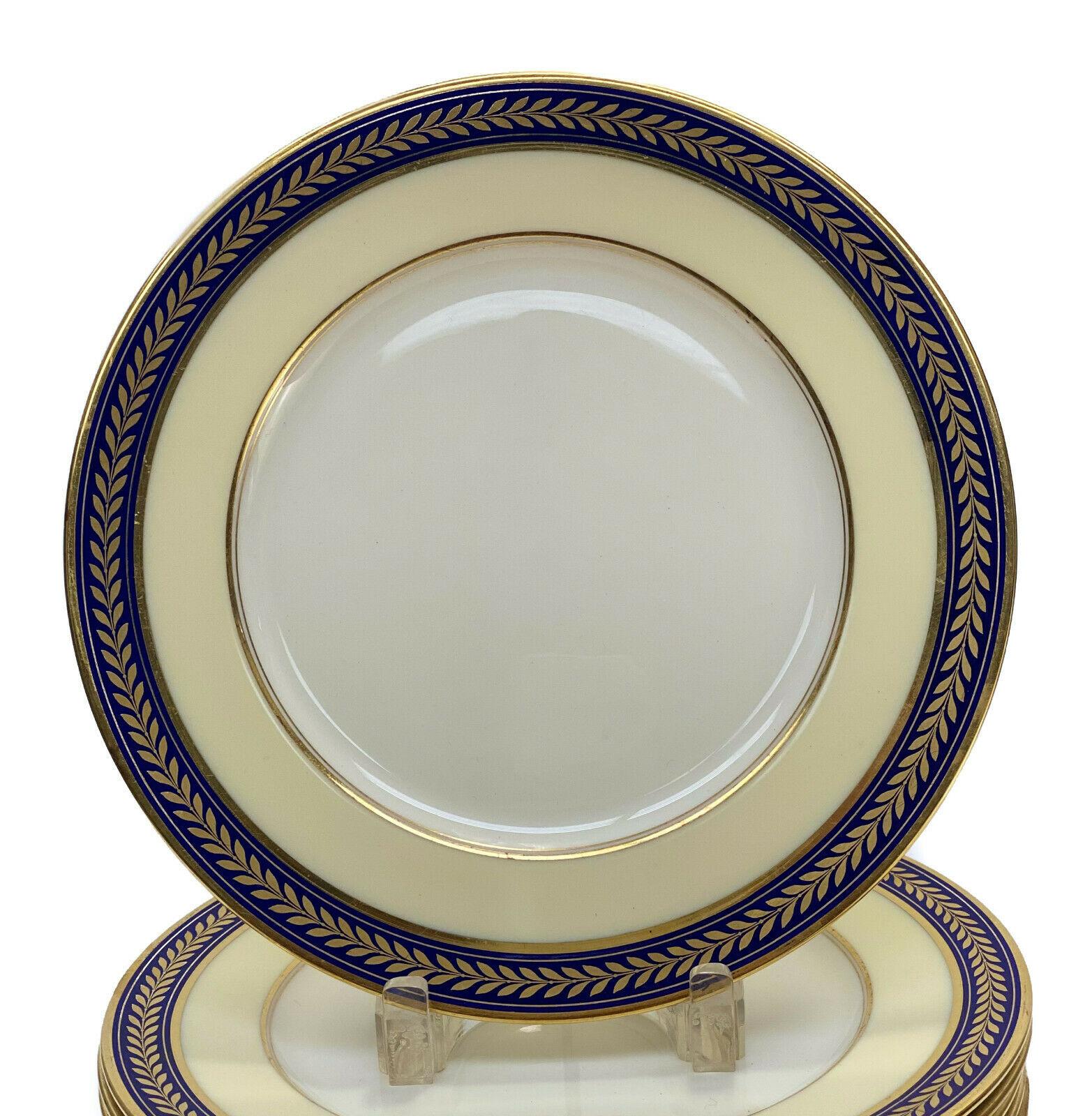 Set of 12 Lenox Porcelain dinner plates, Cobalt Blue Empire Wreath, circa 1960

A cobalt blue ground with gilt Empire wreaths around the edge. Lenox porcelain marks to the underside.

Additional Information:
Material: Porcelain 
Brand: