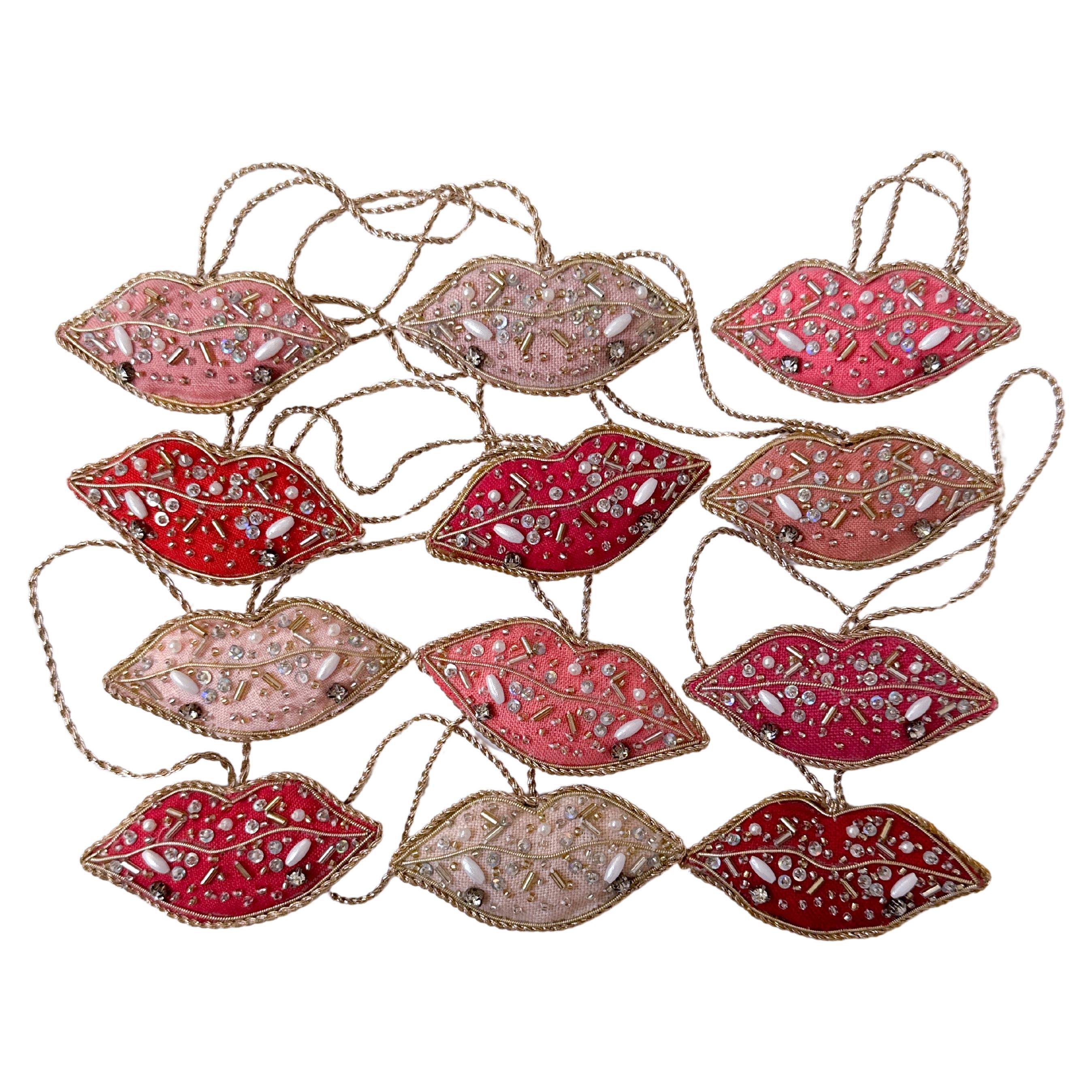 Set of 12 Limited Edition Artisan Irish Linen Lips Ornament Pink Red Valentine