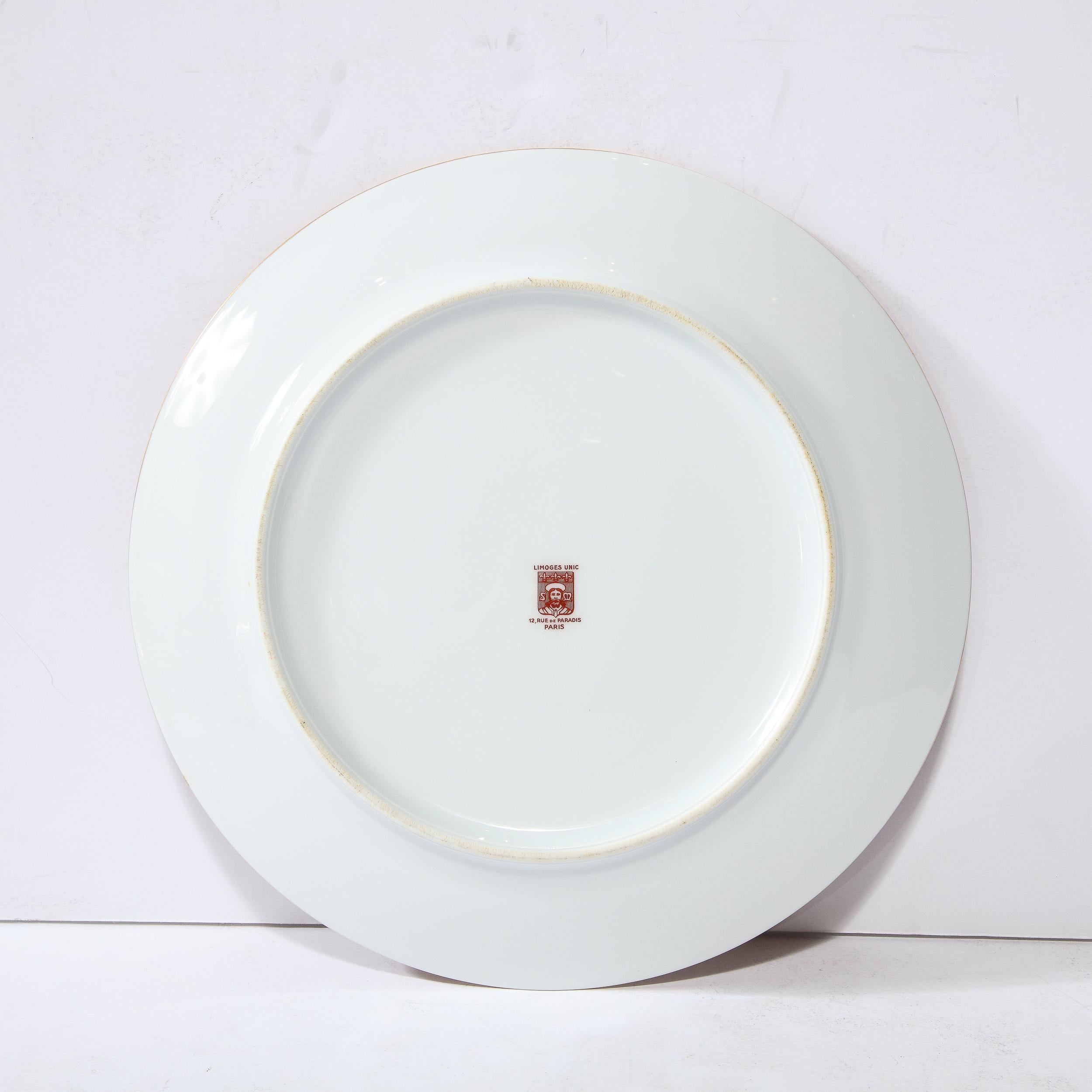 Set of 12 Limoges Porcelain Vermillion Dinner Plates with 24 Karat Gold Detail For Sale 4