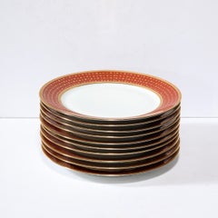 Set of 12 Limoges Porcelain Vermillion Dinner Plates with 24 Karat Gold Detail