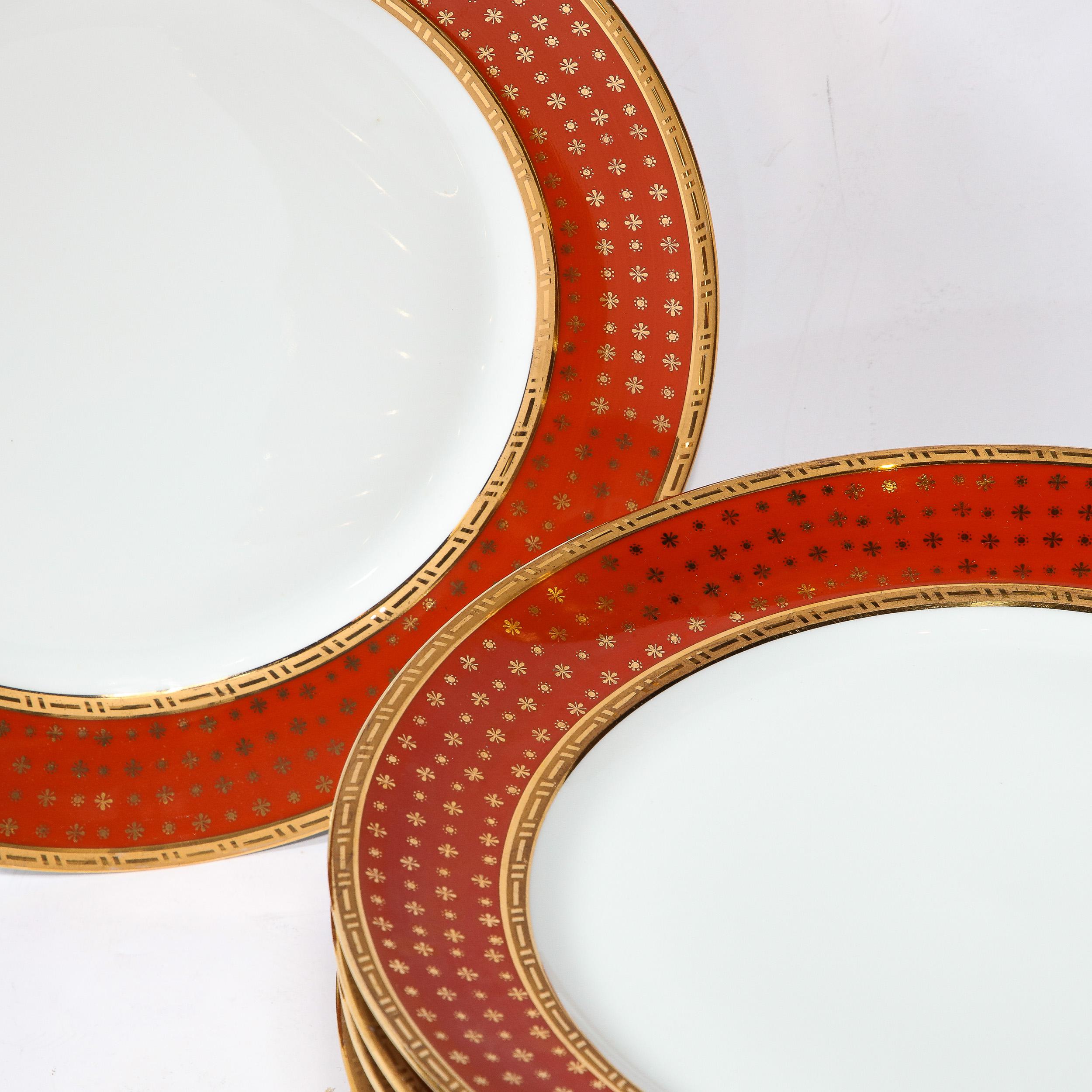 Mid-Century Modern Set of 12 Limoges Porcelain Vermillion Dinner Plates with 24 Karat Gold Detail For Sale