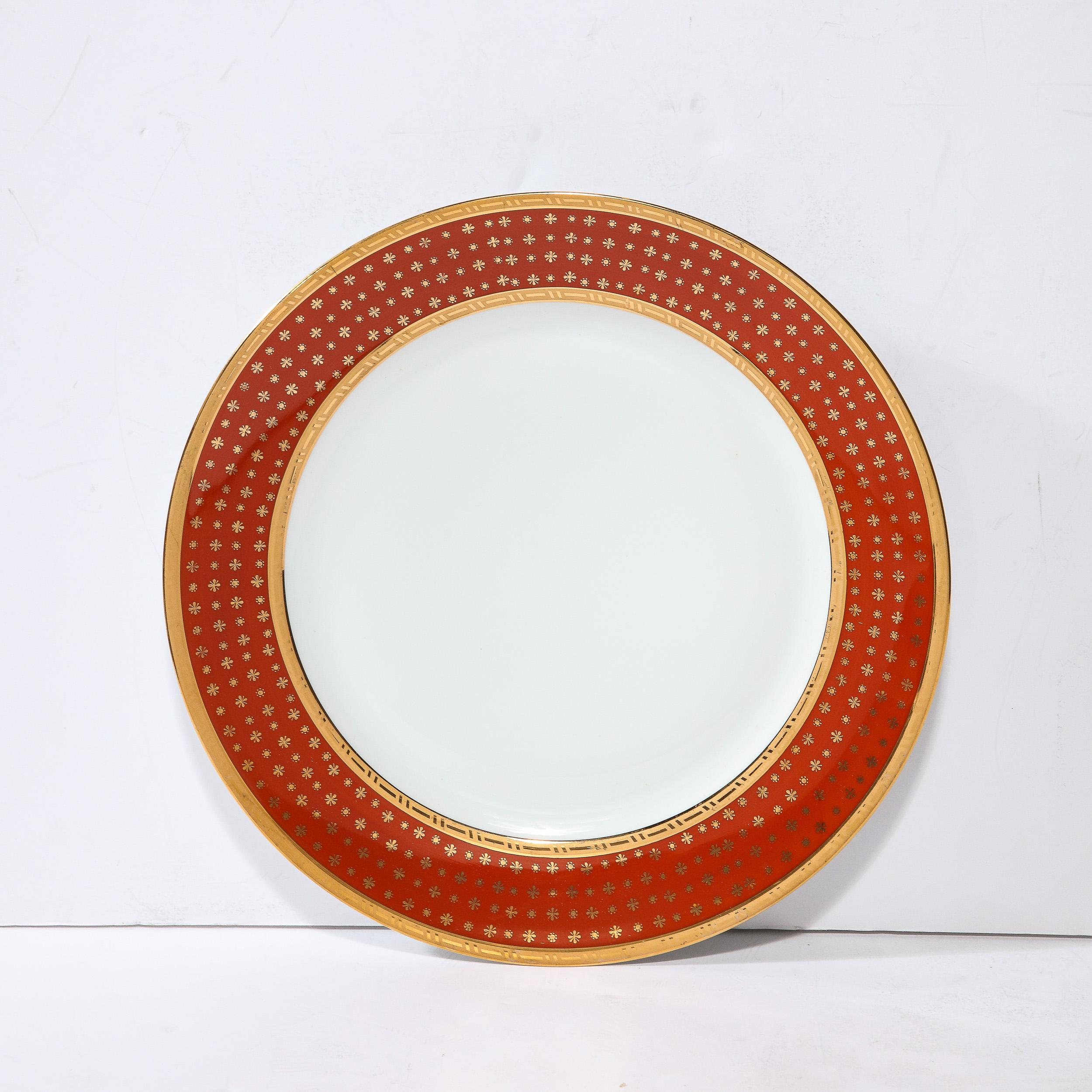 French Set of 12 Limoges Porcelain Vermillion Dinner Plates with 24 Karat Gold Detail For Sale