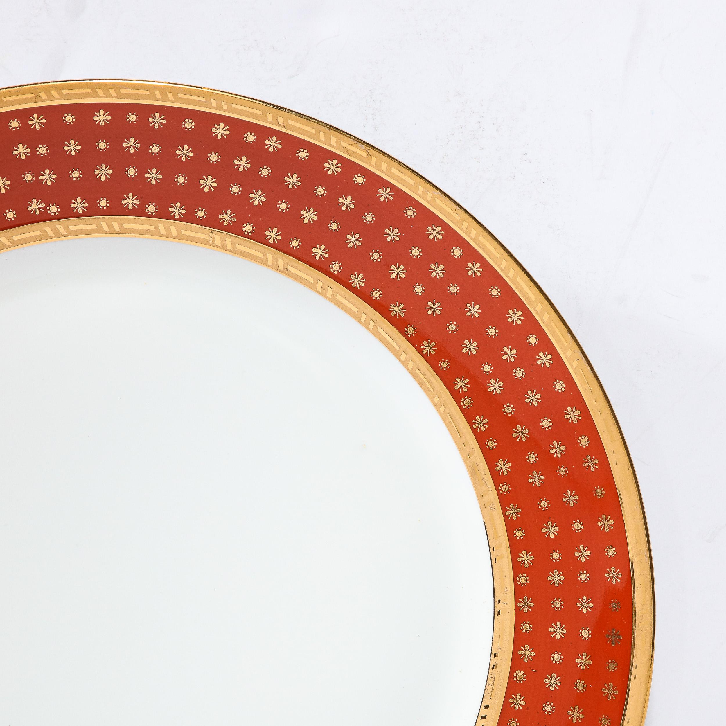 Set of 12 Limoges Porcelain Vermillion Dinner Plates with 24 Karat Gold Detail In Excellent Condition For Sale In New York, NY
