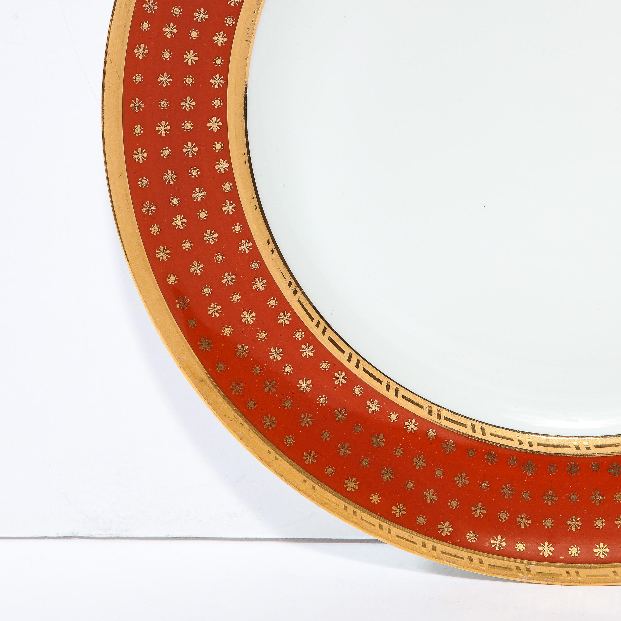 Mid-20th Century Set of 12 Limoges Porcelain Vermillion Dinner Plates with 24 Karat Gold Detail For Sale
