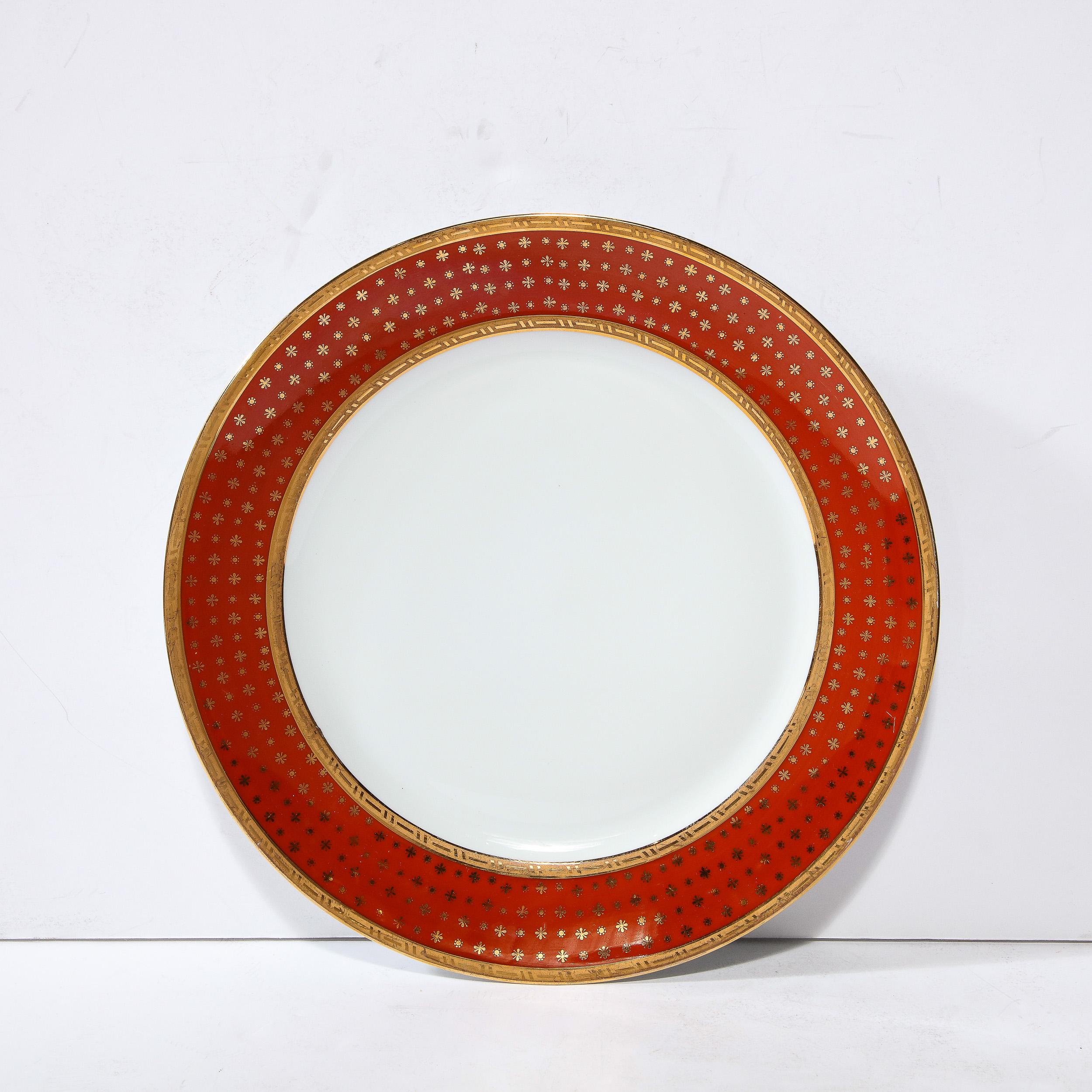 Set of 12 Limoges Porcelain Vermillion Dinner Plates with 24 Karat Gold Detail For Sale 1