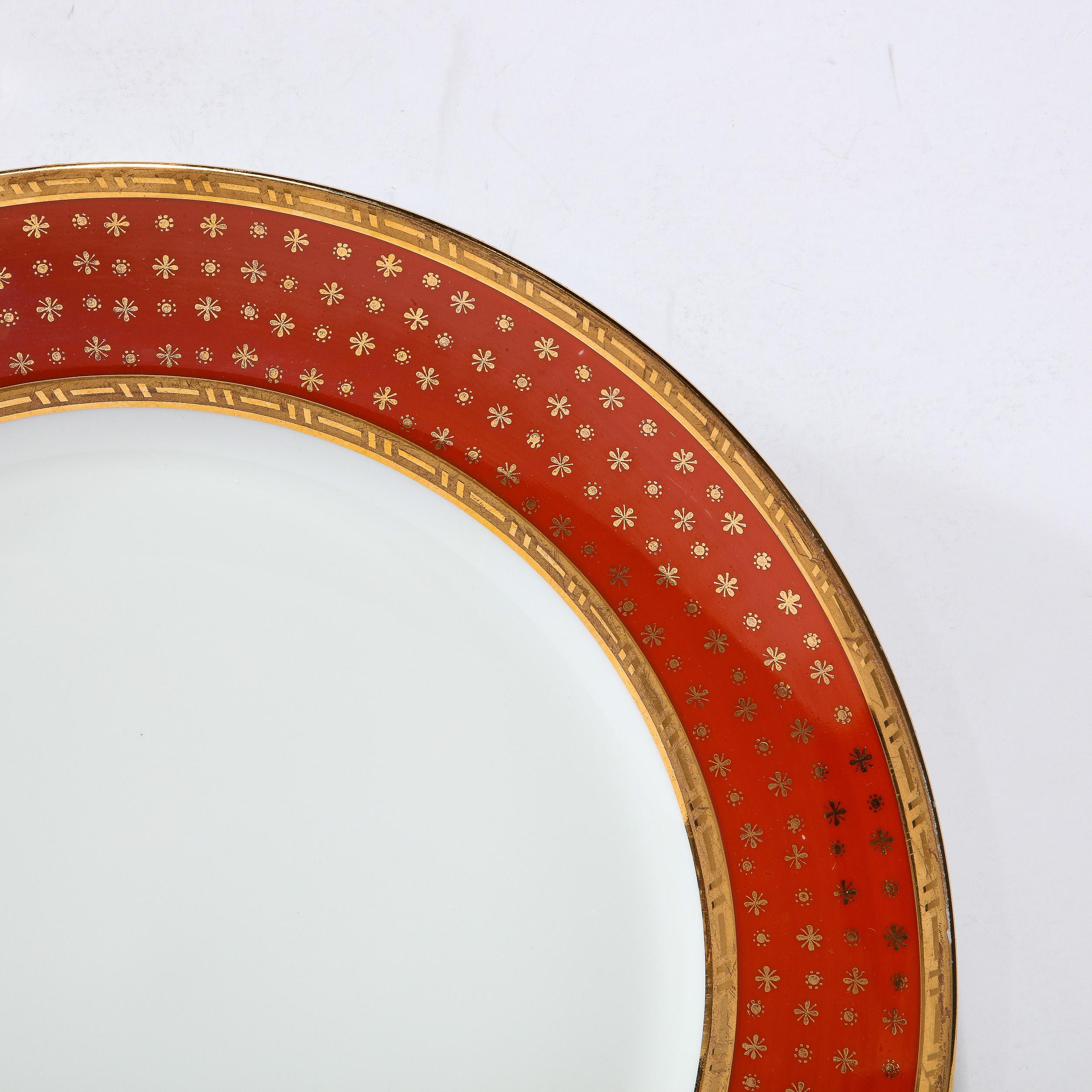 Set of 12 Limoges Porcelain Vermillion Dinner Plates with 24 Karat Gold Detail For Sale 2