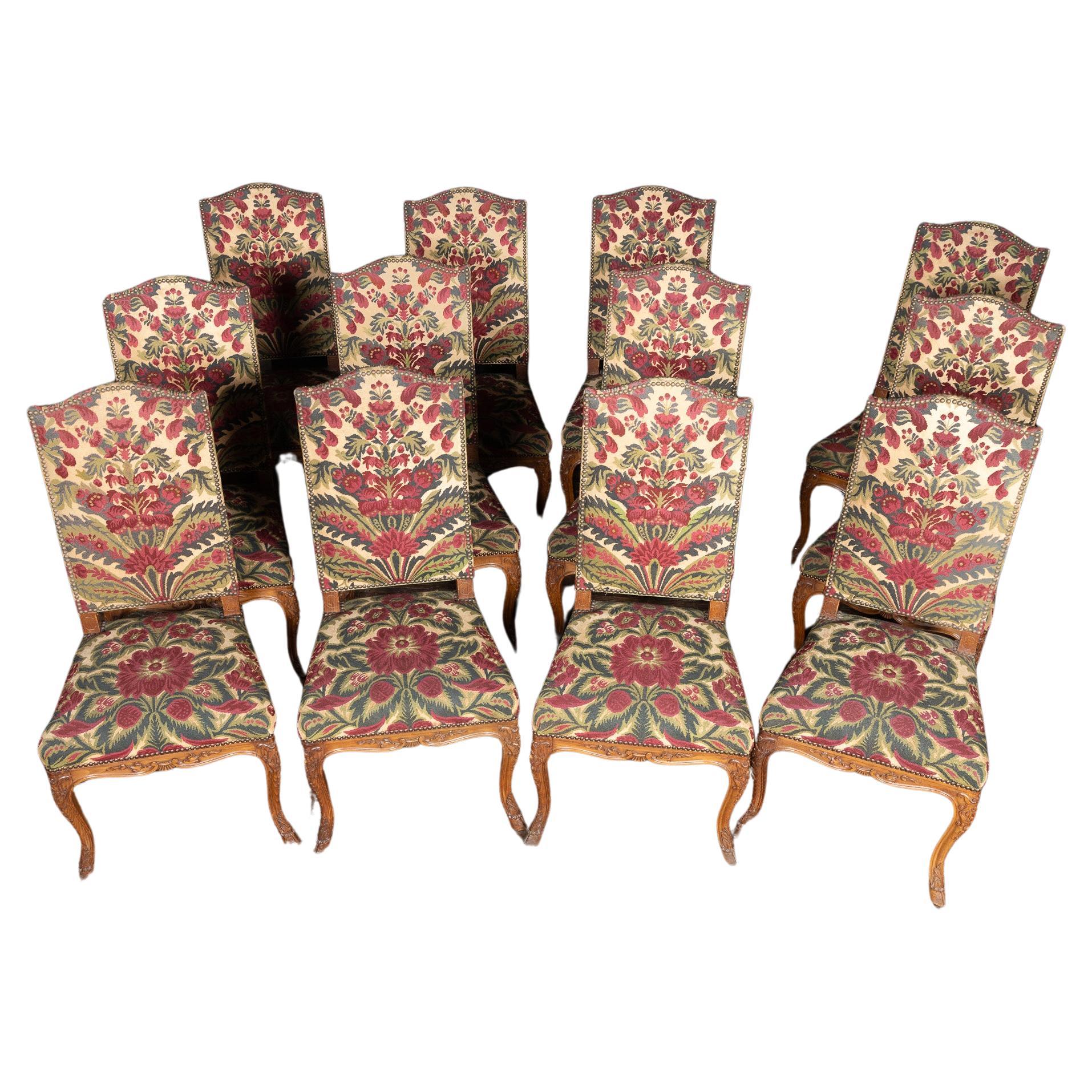Set of 12 Louis XV Oak High Back Chairs with Original Tapestry, 19th Century