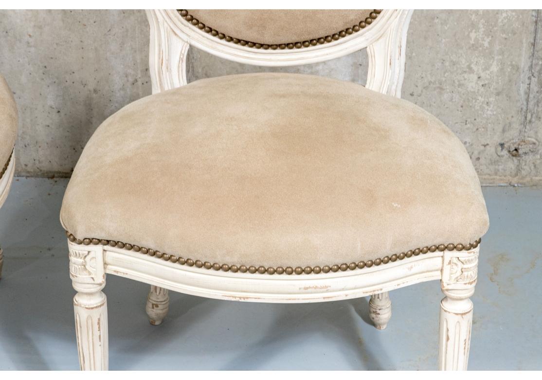 Set Of 12 Louis XVI Style Faux Suede Leather & Paint Decorated Dining Chairs For Sale 6