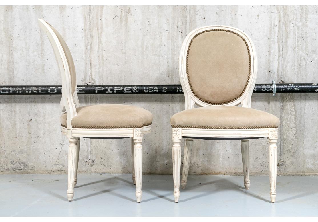 Faux Leather Set Of 12 Louis XVI Style Faux Suede Leather & Paint Decorated Dining Chairs For Sale