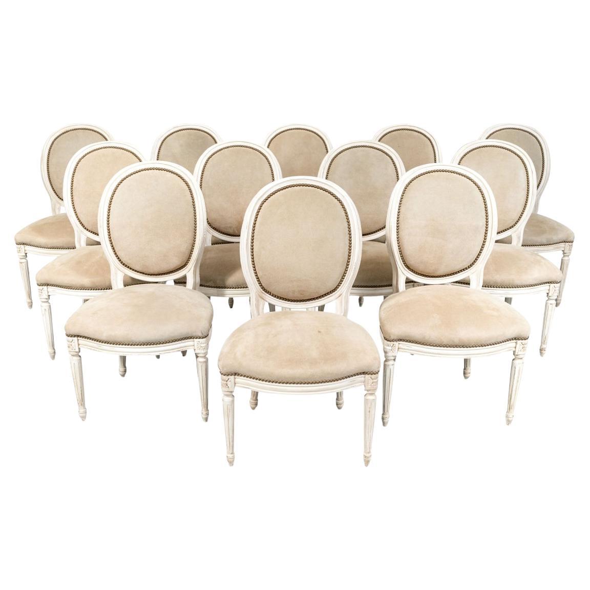 Set Of 12 Louis XVI Style Faux Suede Leather & Paint Decorated Dining Chairs For Sale