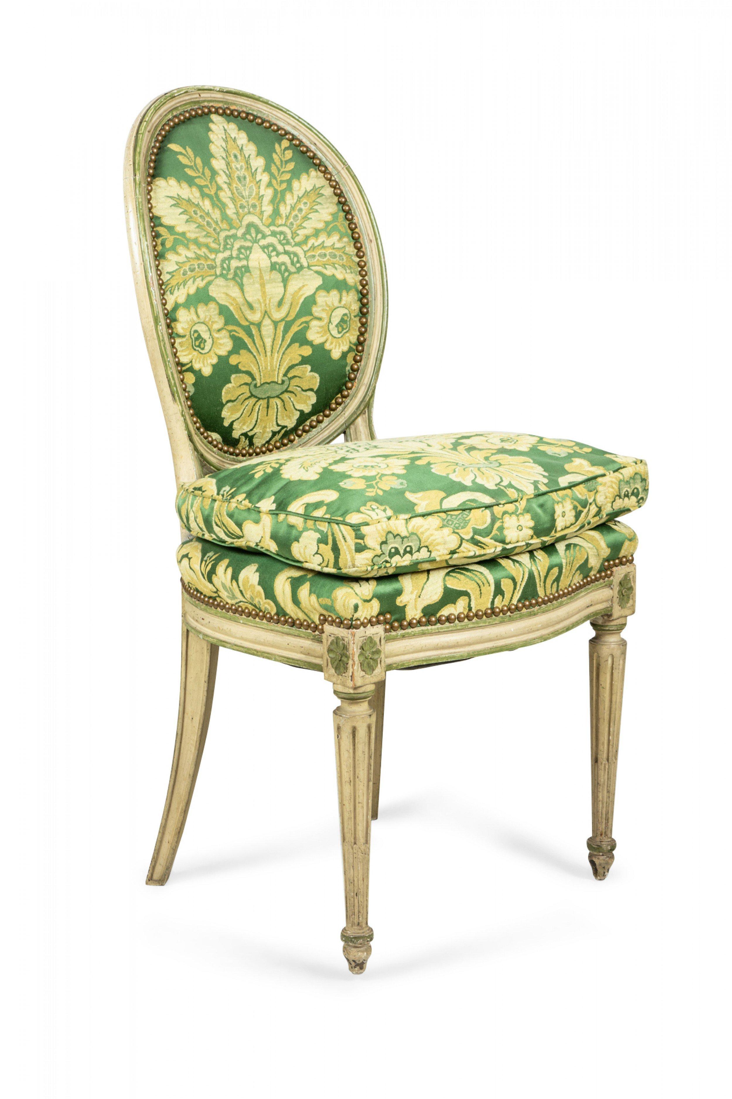 Wood Set of 12 Louis XVI-Style Painted Green Damask Upholstered Dining Chairs For Sale