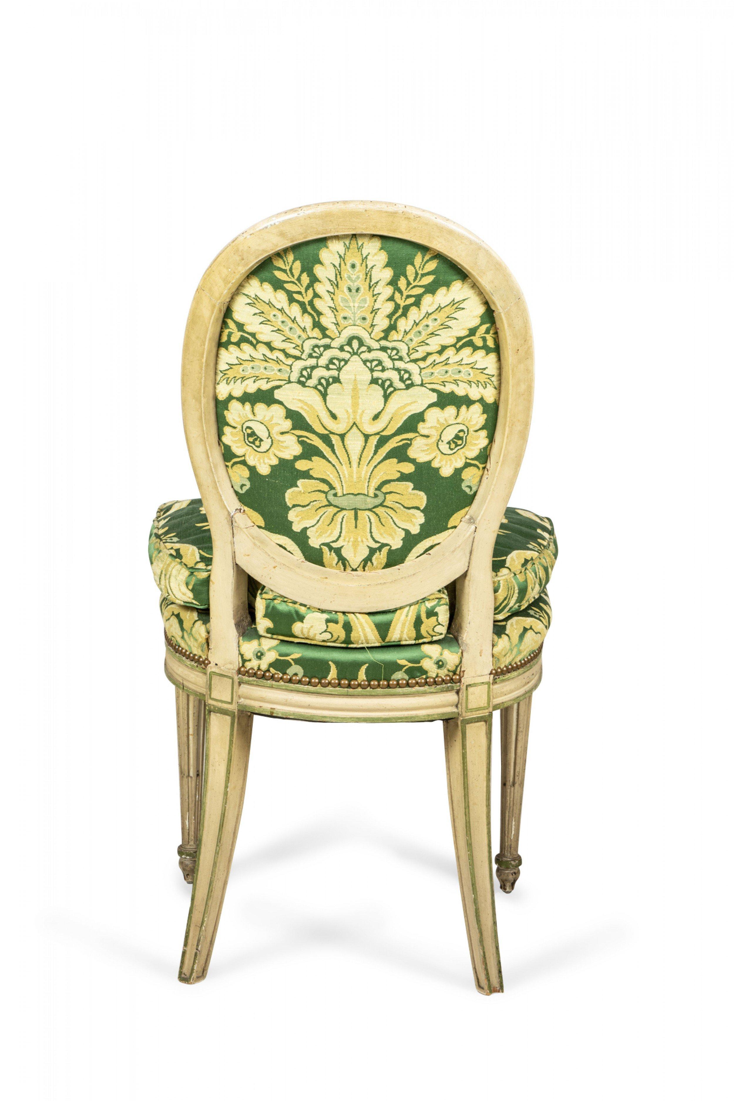 Set of 12 Louis XVI-Style Painted Green Damask Upholstered Dining Chairs For Sale 1