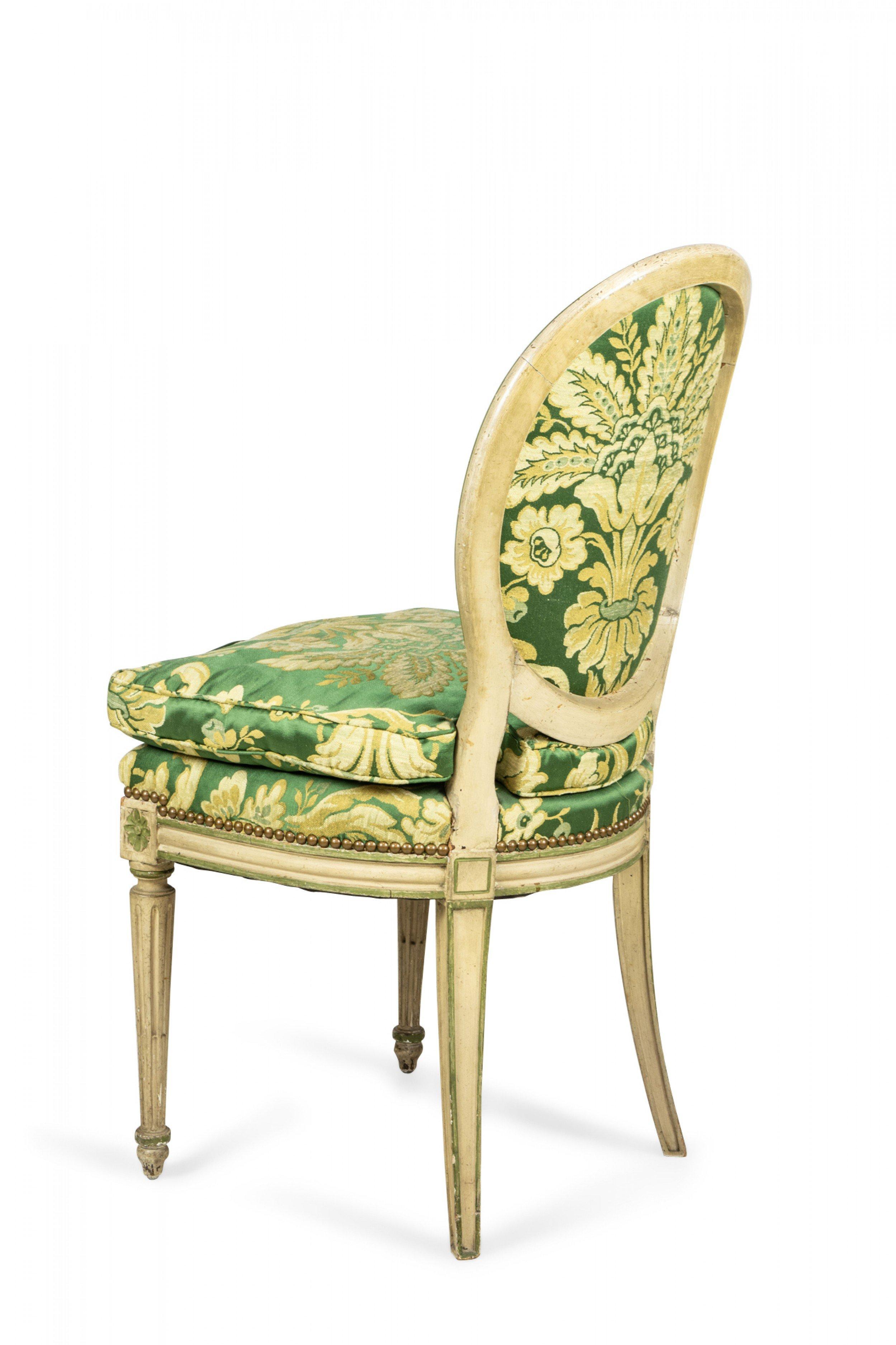 Set of 12 Louis XVI-Style Painted Green Damask Upholstered Dining Chairs For Sale 2