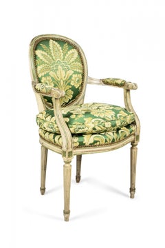 Set of 12 Louis XVI-Style Painted Green Damask Upholstered Dining Chairs