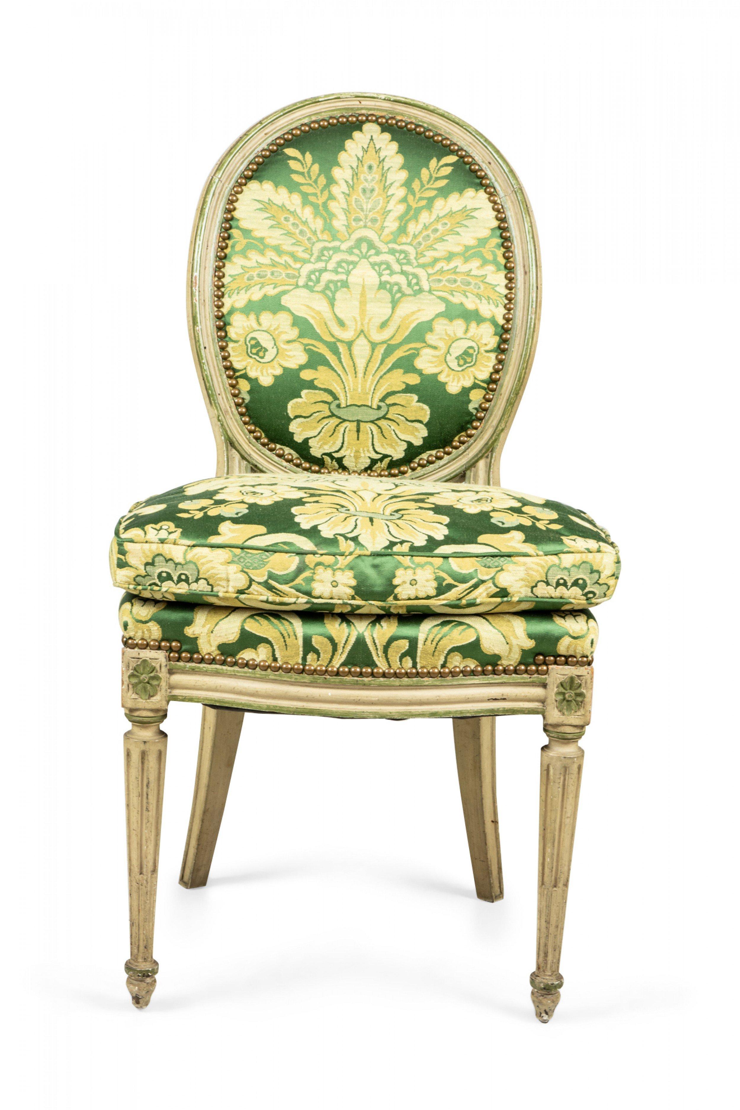 20th Century Set of 12 Louis XVI-Style Painted Green Damask Upholstered Dining Chairs For Sale