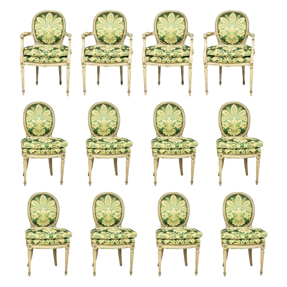 Set of 12 Louis XVI-Style Painted Green Damask Upholstered Dining Chairs For Sale