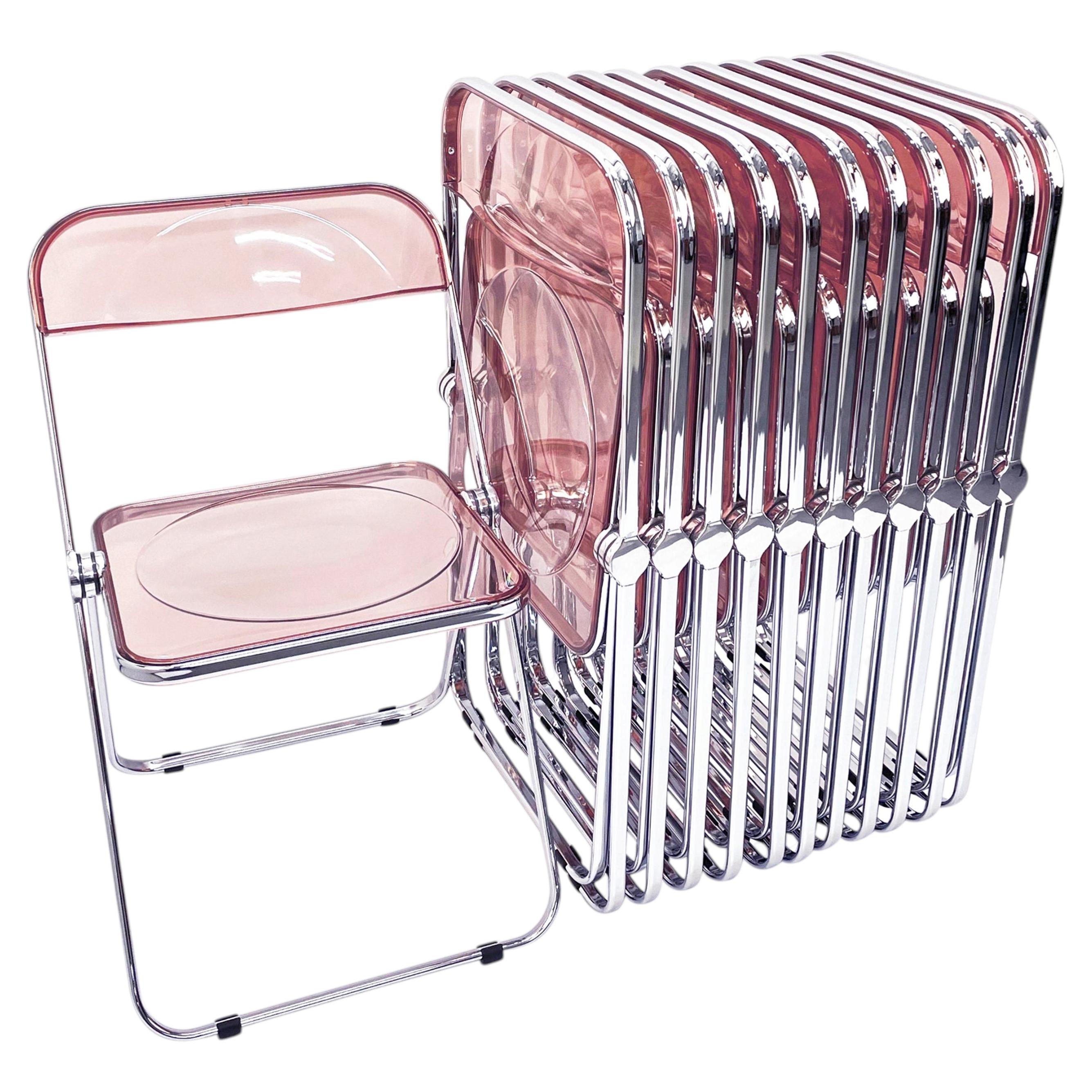 Set of 12 Lucite Pink and Chrome Plia Chairs, Piretti for Castelli, Italy 1970s
