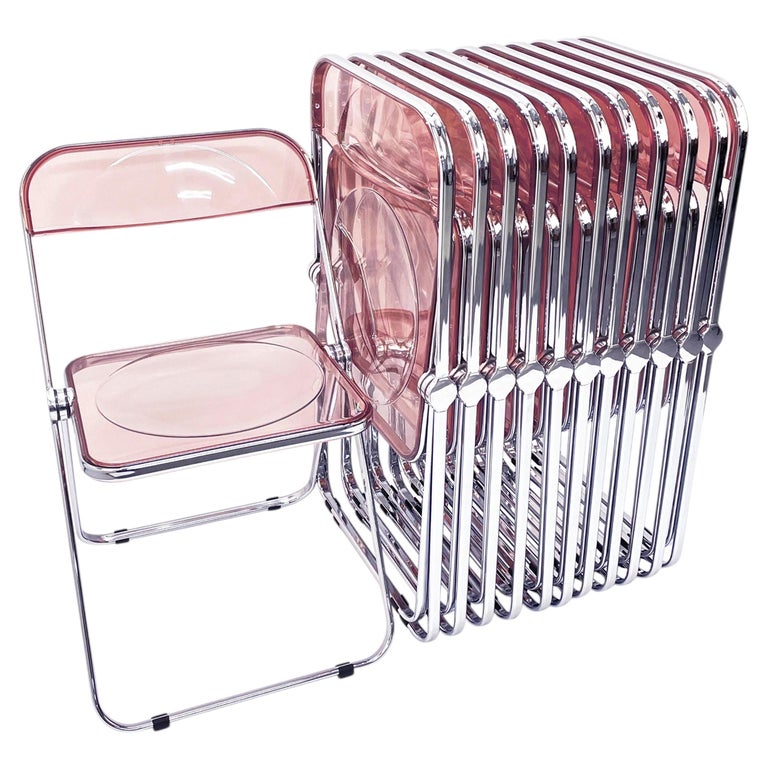 Set of 12 Lucite Pink and Chrome Plia Chairs, Piretti for Castelli, Italy 1970s