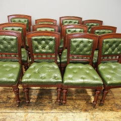 Set of 12 Mahogany and Green Leather Dining Chairs