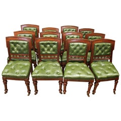 Set of 12 Mahogany and Green Leather Dining Chairs