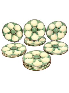 Set of 12 Majolica Oyster Plates with Matching Server, 19th Century
