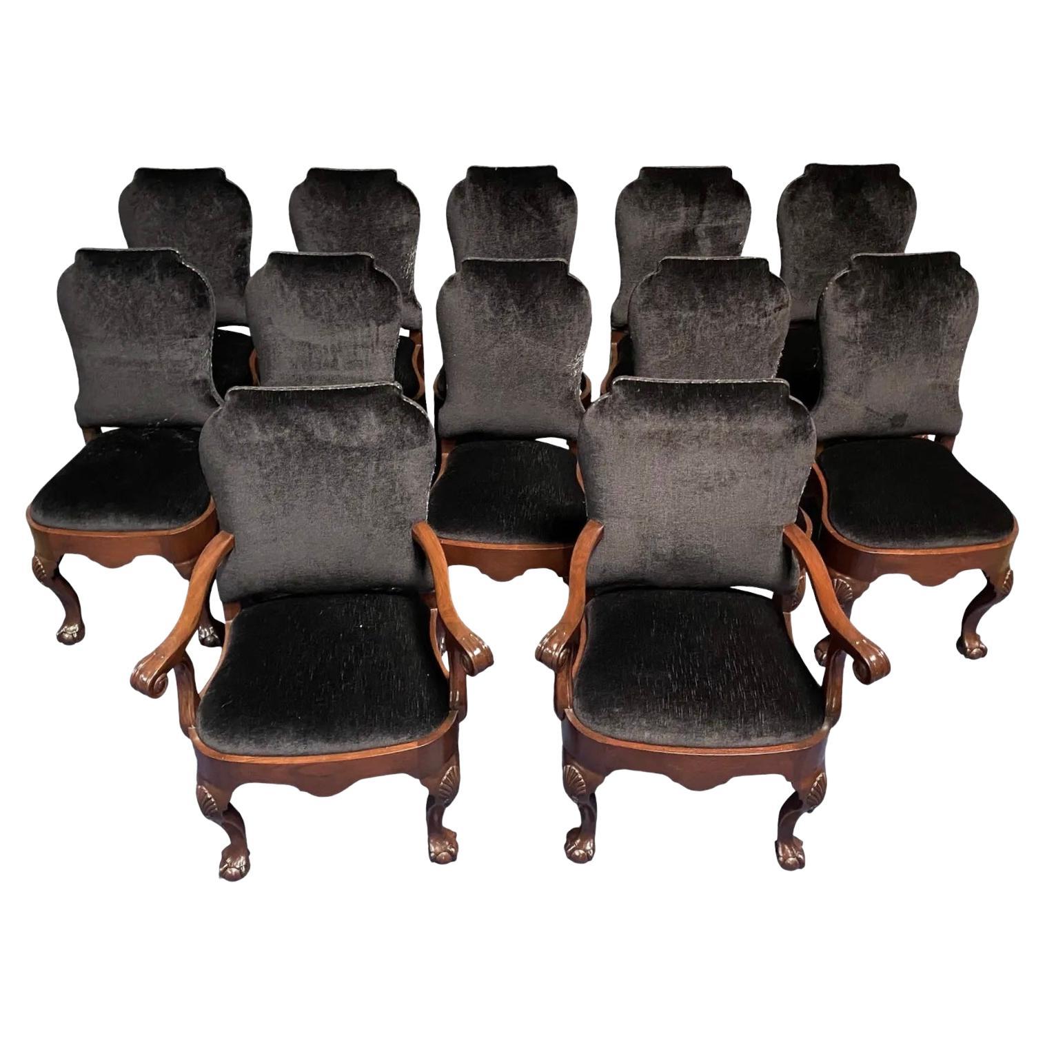 Set of 12 Mary McDonald Chippendale Style Mahogany & Black Mohair Dining Chairs For Sale