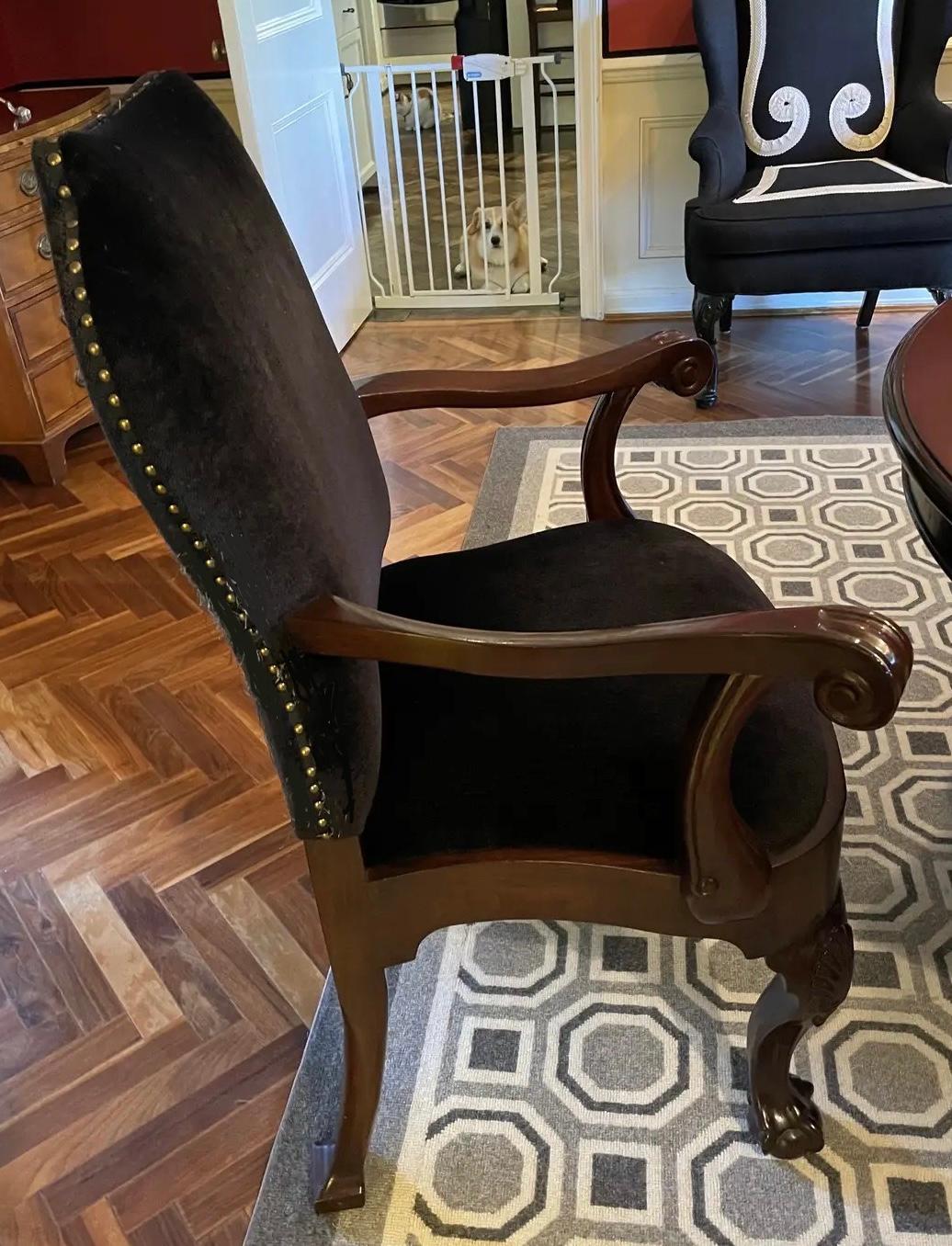 American Set of 12 Mary McDonald Chippendale Style Mahogany & Black Mohair Dining Chairs For Sale