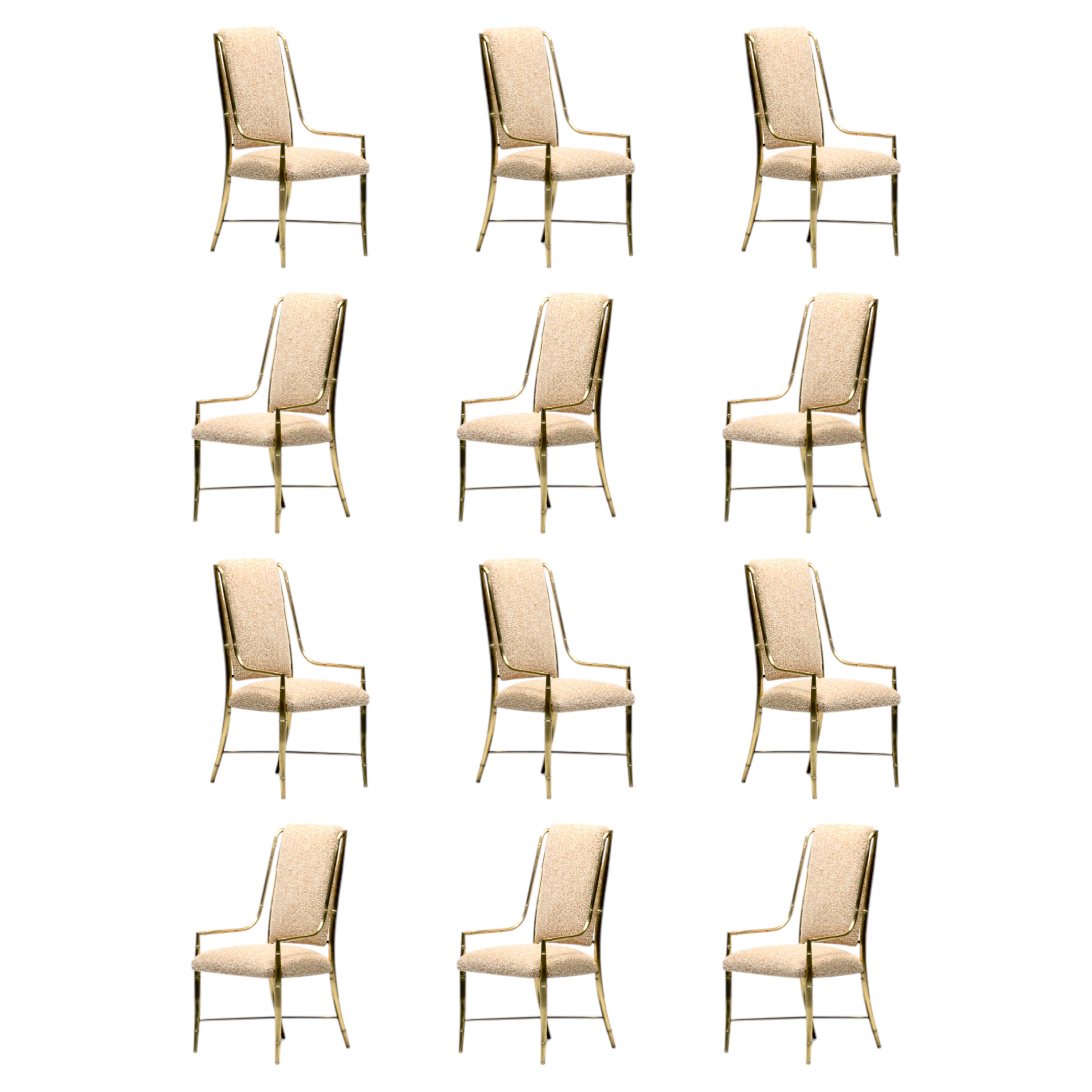 Set of 12 Mastercraft Brass Imperial Dining Chairs in New Ivory & Camel Bouclé