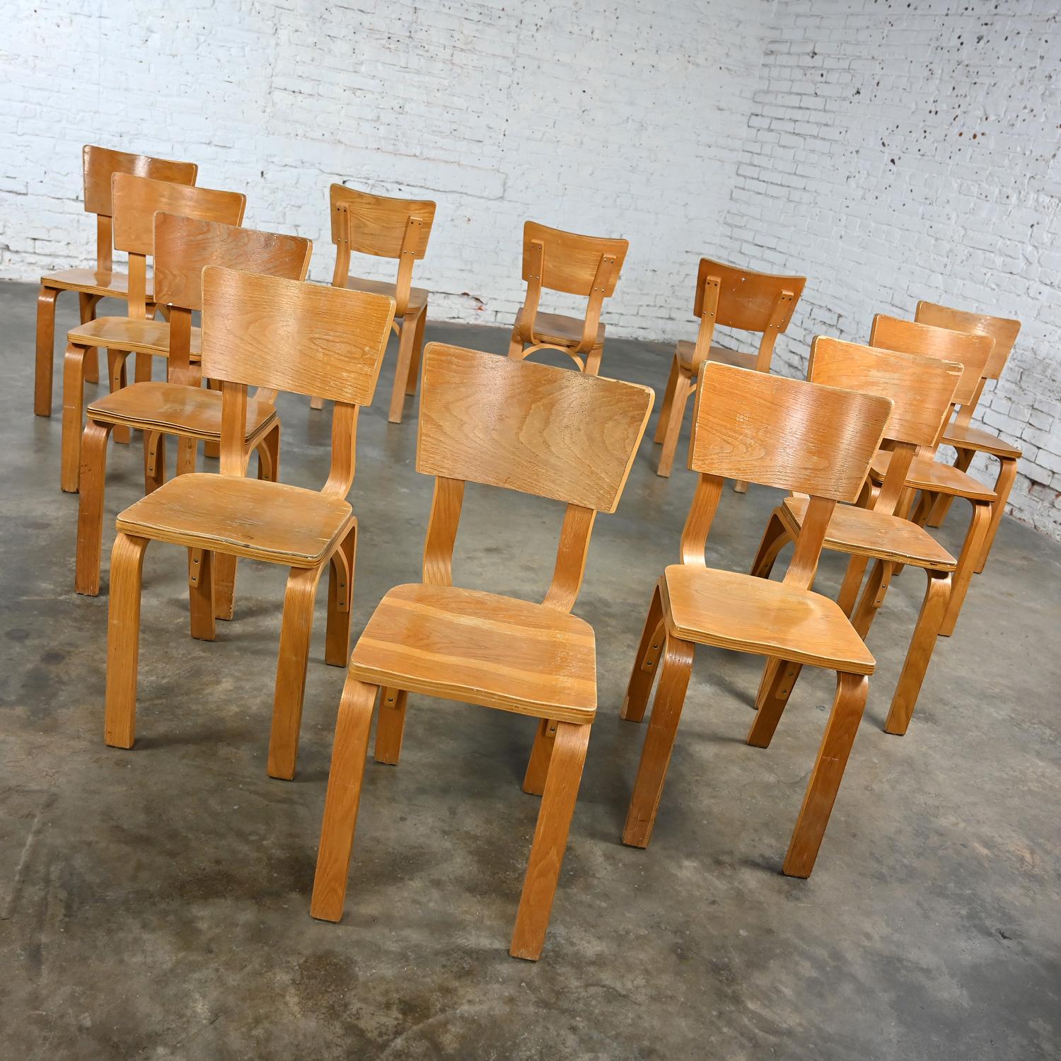 Marvelous vintage Mid-Century Modern Thonet #1216-S17-B1 dining chairs comprised of bent oak plywood with saddle seats and a single bow back stretcher, set of 12. Beautiful condition, keeping in mind that these are vintage and not new so will have